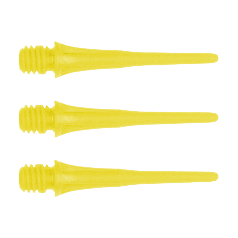 X9052_Cosmo_Fit_Point_Plus_2BA_Spitzen_Gelb_1KftpkLJxaSQnY Das Bild zeigt drei gelbe Dartspitzen mit Gewinde. Es handelt sich um das Produkt "Cosmo Fit Point Plus 2BA Spitzen 25mm (50er Pack)".