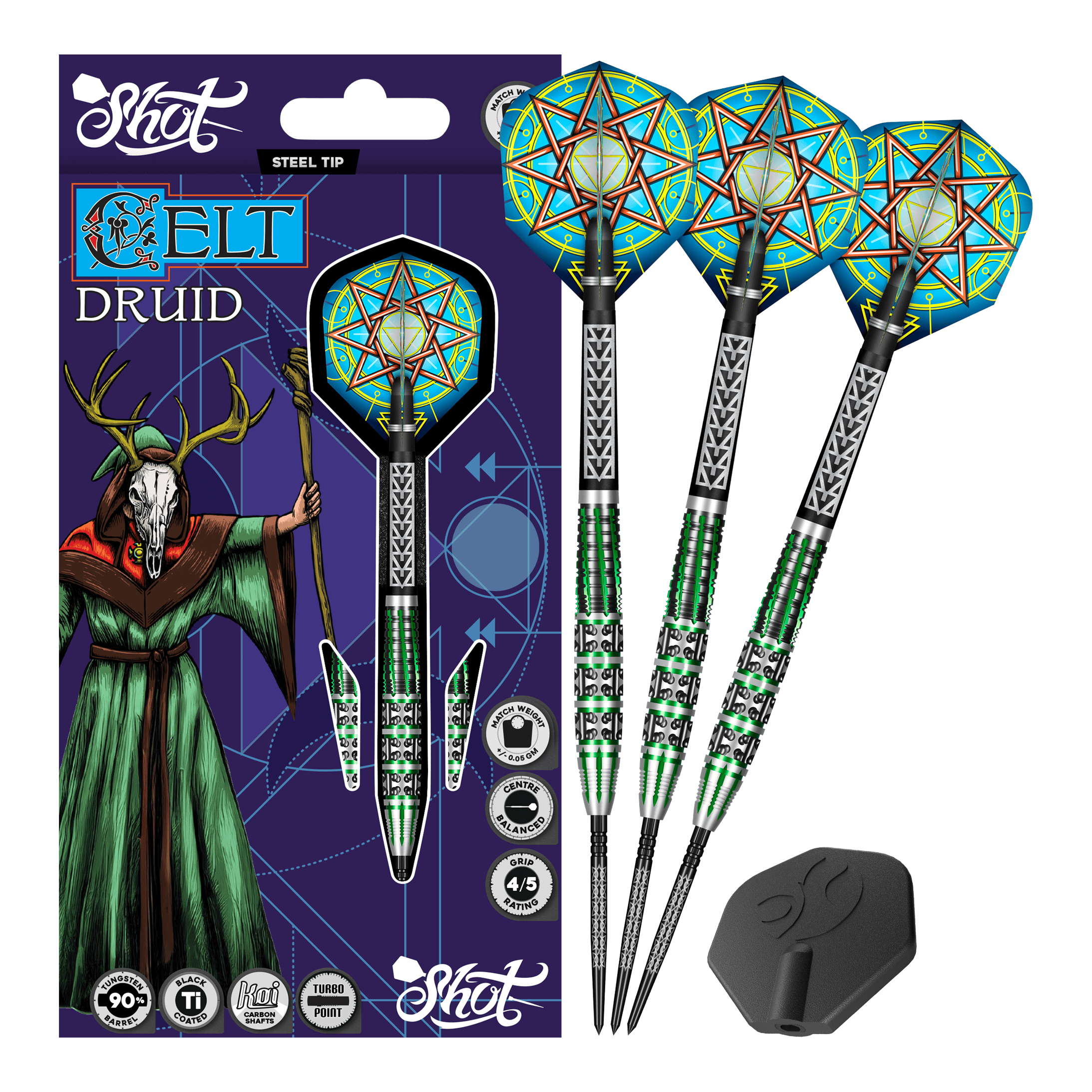 Shot Celt Druid Turbo Point Steeldarts Abgebildet ist ein Satz Steeldarts. Die Darts sind vollständig zu sehen und zeigen Details der Spitzen.