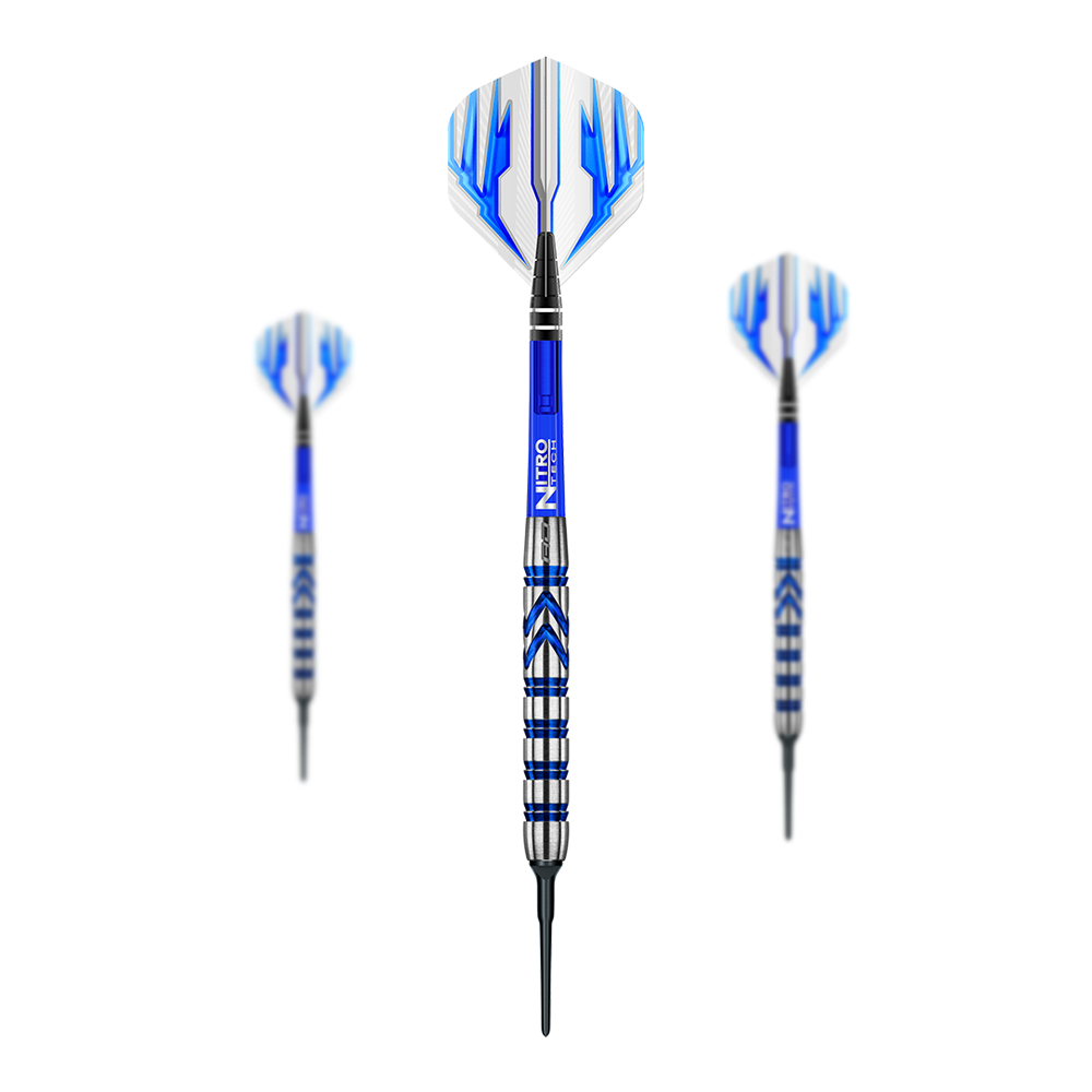 Red Dragon Gerwyn Price Iceman zachte dartpijlen Auf dem Bild sind drei Softdarts des Modells "Red Dragon Gerwyn Price Iceman" zu sehen. Die Darts haben blaue und silberne Akzente sowie blau-weiße Flights.