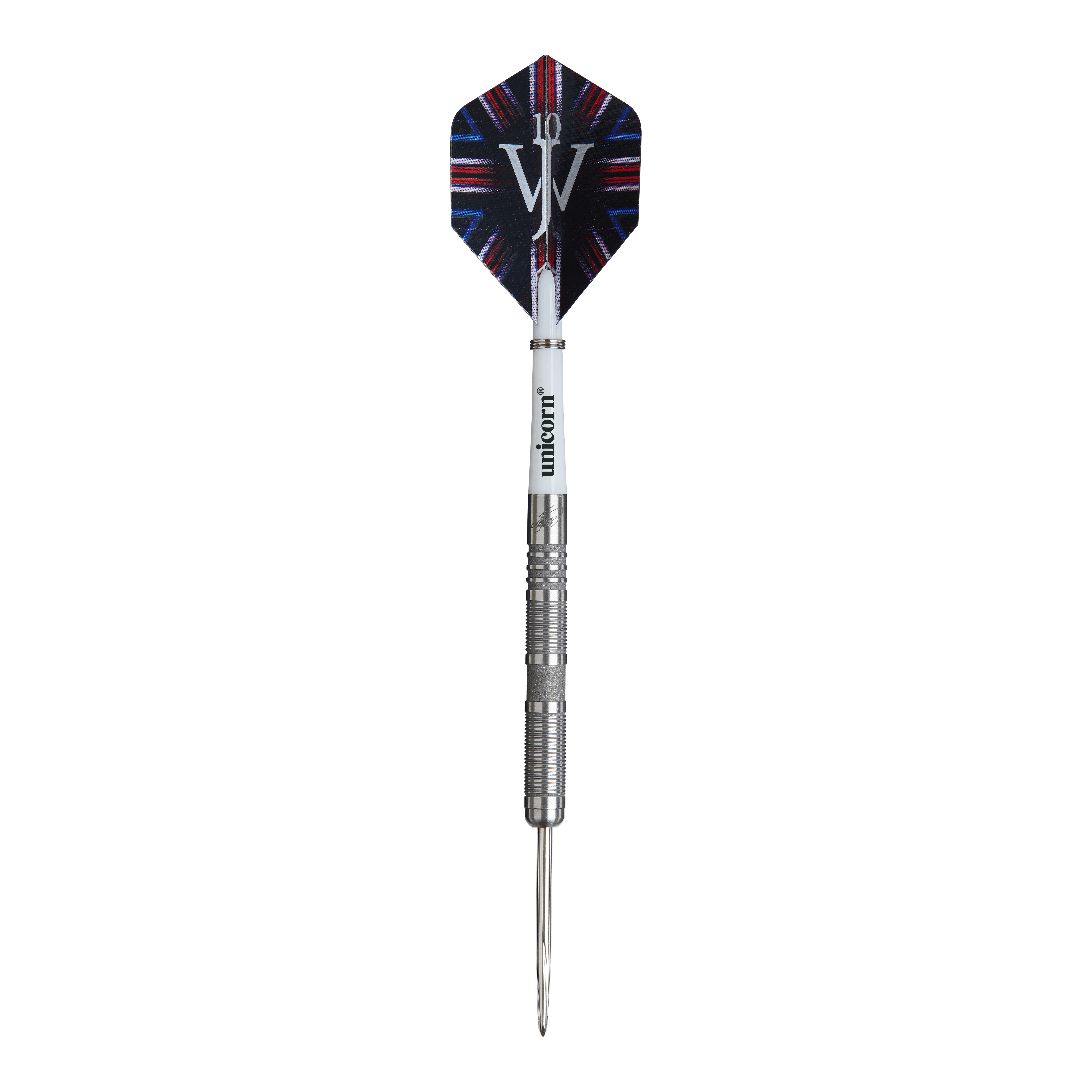 Unicorn James Wade The Machine Range Fase 4 Steeldarts Das Bild zeigt einen Steeldartpfeil aus der Produktreihe „Unicorn James Wade The Machine Range Phase 4“. Der Dartpfeil hat eine silberne Spitze und einen Flight mit buntem Design und den Buchstaben „JW“.