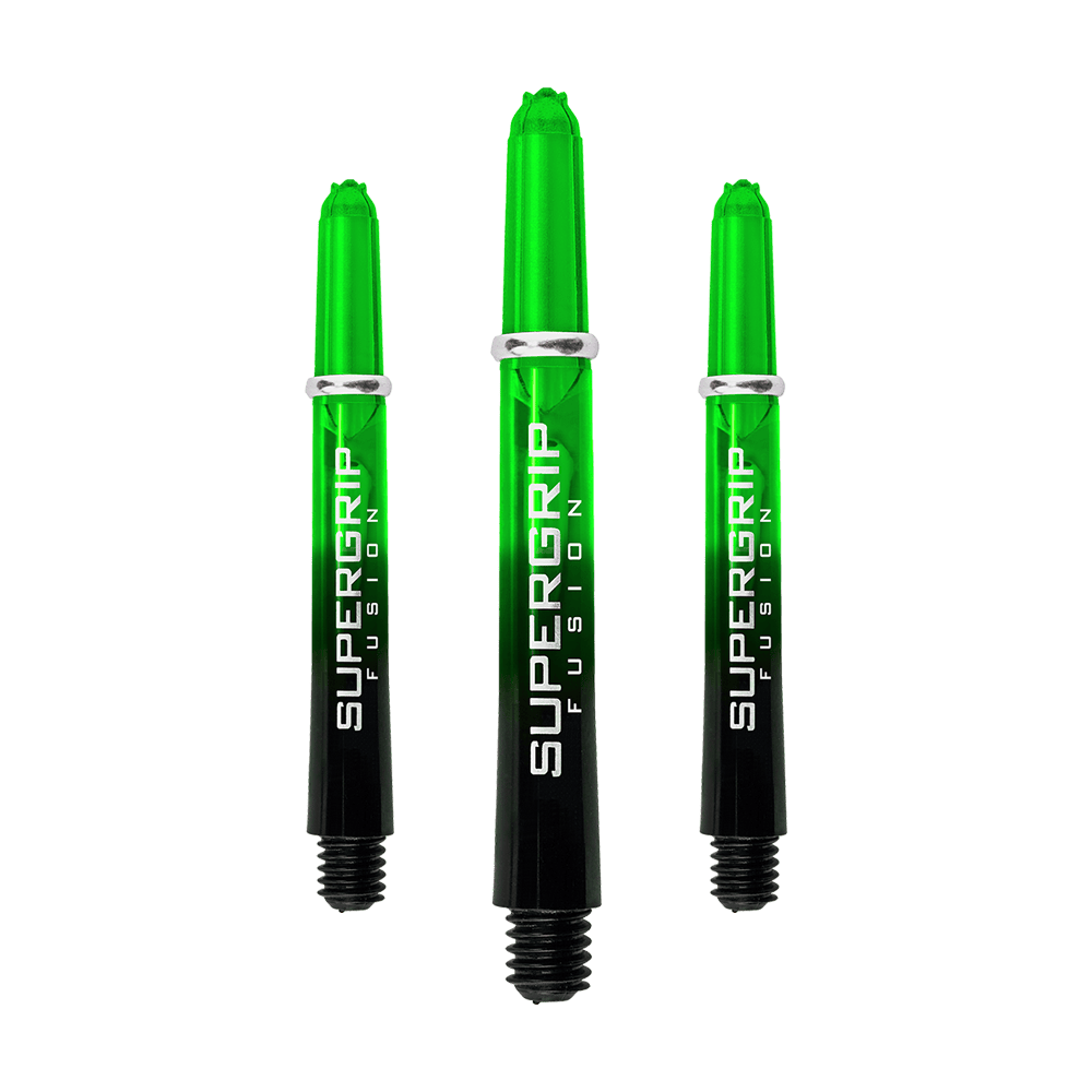 HR340_Harrows_Supergrip_Fusion_Shafts_Gr-n_40mm_16ihaQDlU3fr0w Harrows Supergrip Fusion Shafts in kompakter Anordnung. Die Schäfte sind glänzend und gerade.