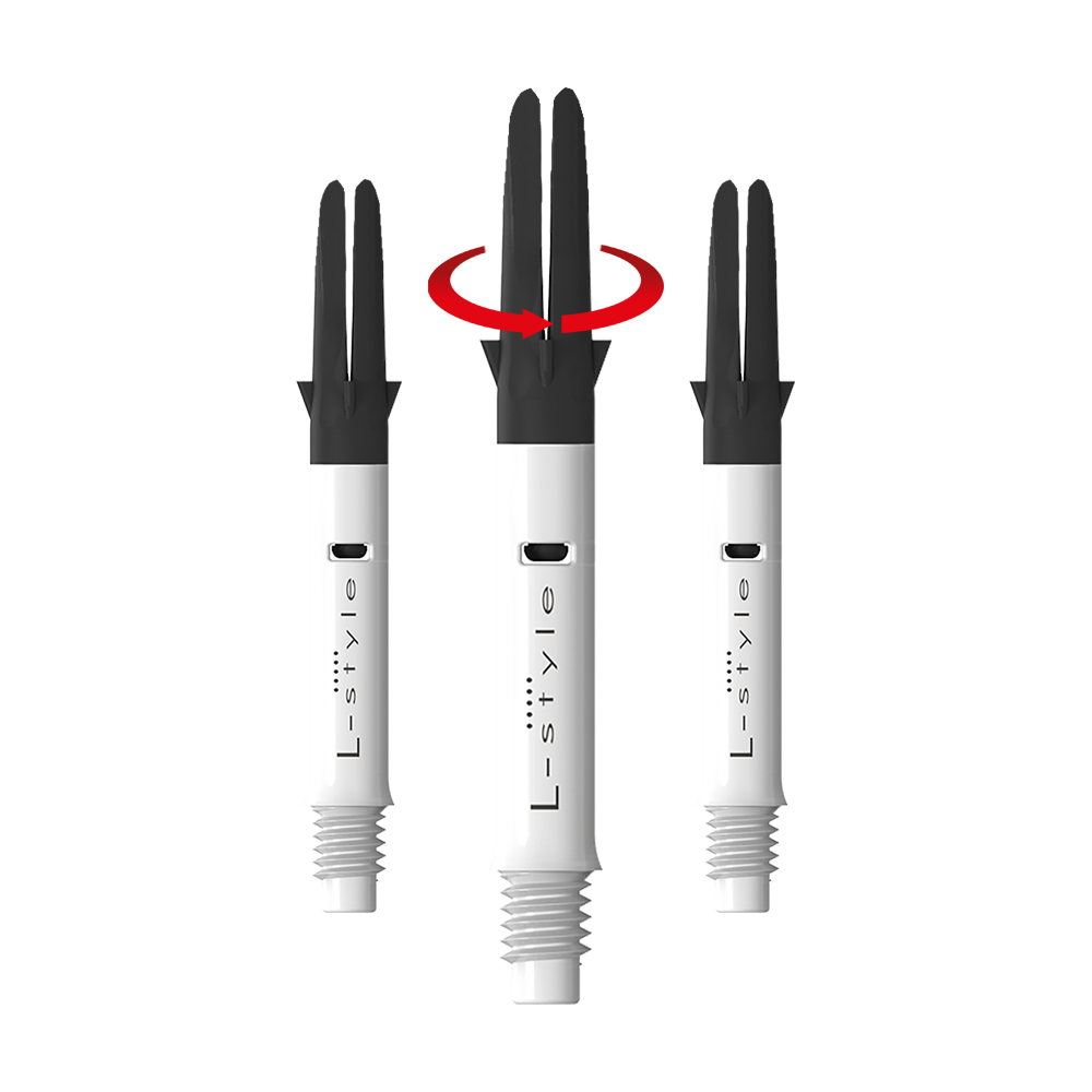 L-L-Style-Shaft Carbon Silent Straight - Wit Auf dem Bild sind drei weiße L-Style Dartschäfte mit schwarzem oberen Teil zu sehen. In der Mitte zeigt ein roter Pfeil, dass sich der obere Teil des Schafts drehen kann.