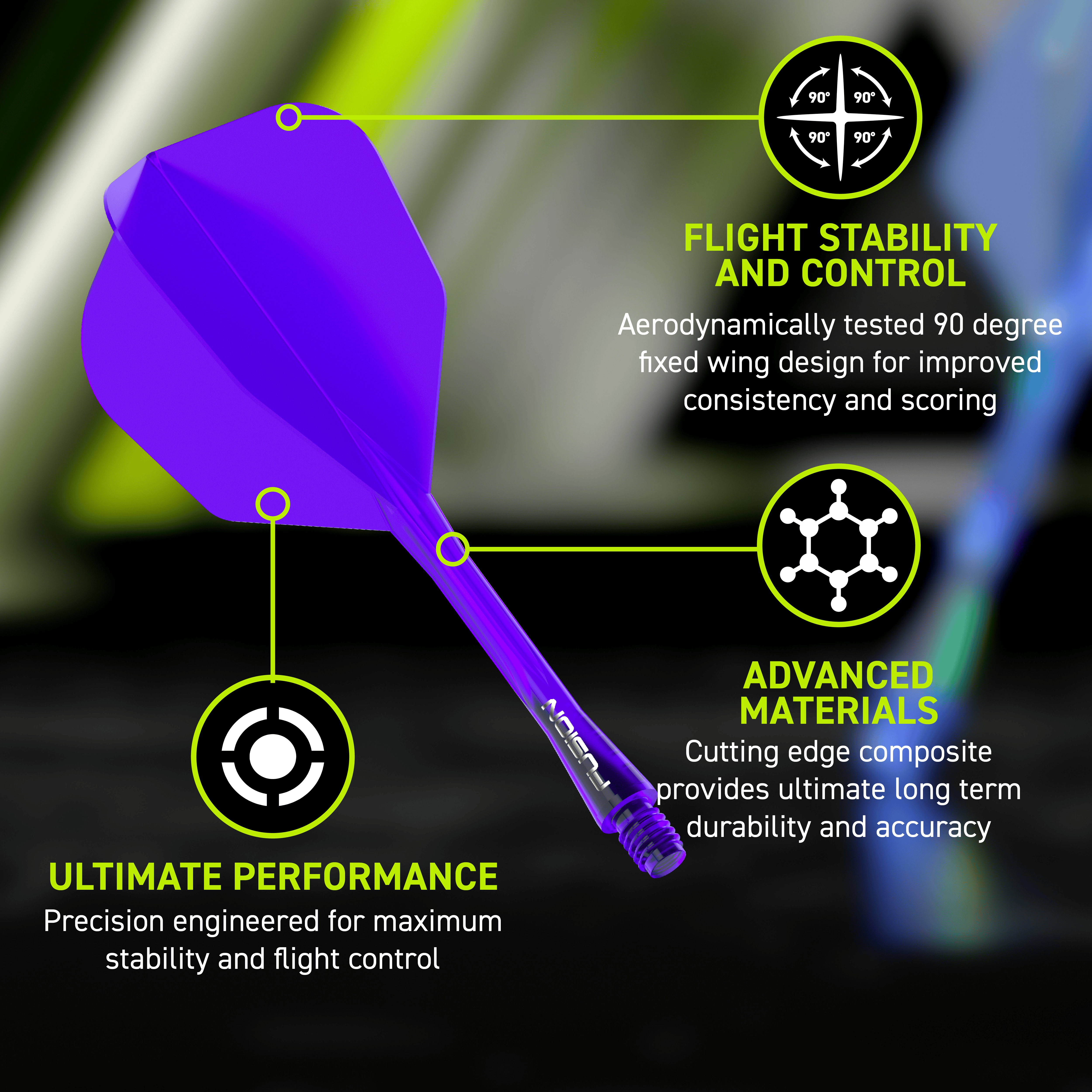 Winmau Fusion Flight Shaft System No6 Paars Das Bild zeigt das Winmau Fusion Flight-Shaft-System No6 in Lila. Es verbessert die Flugeigenschaften von Dartpfeilen.