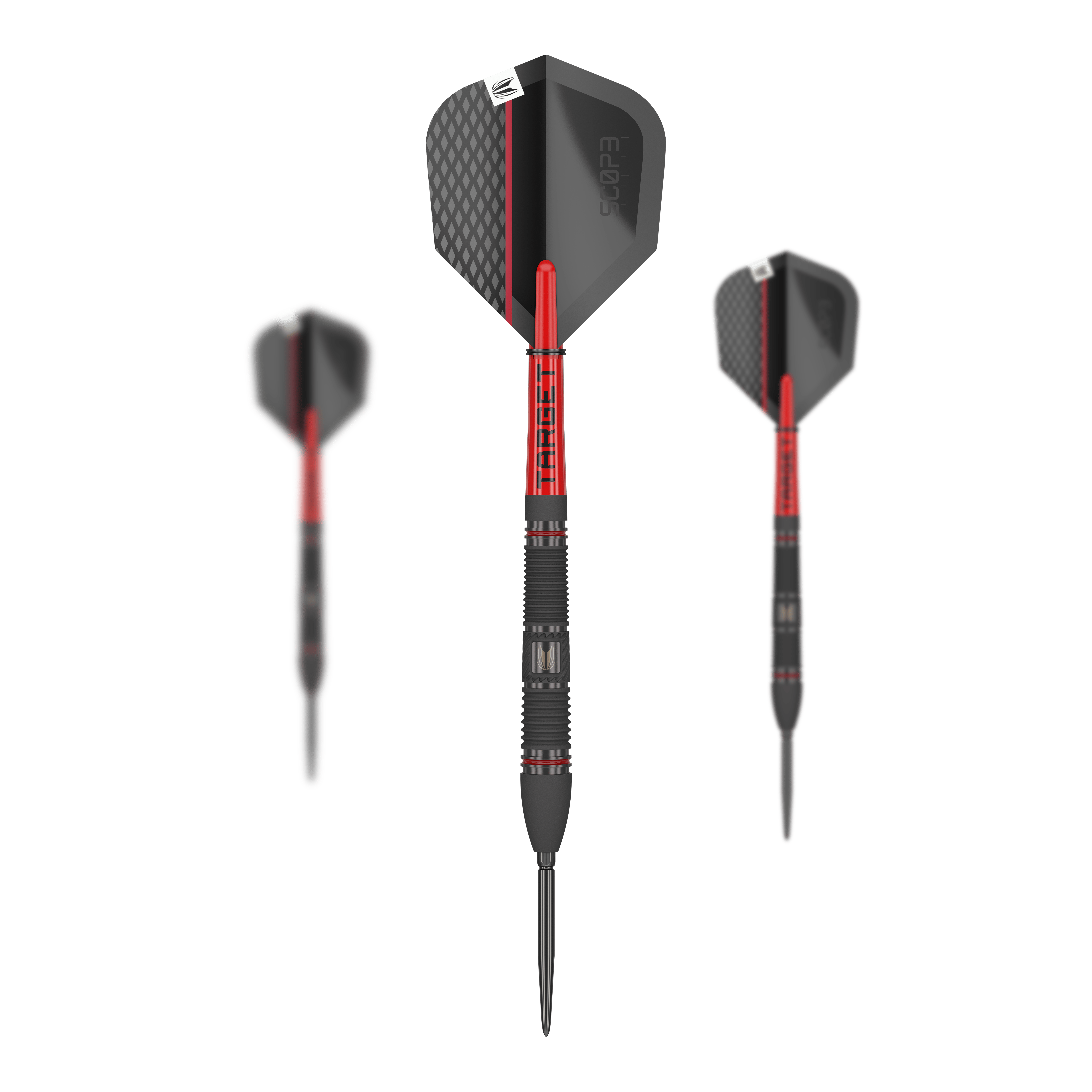 Target Scope 02 Swiss Point stalen darts Auf dem Bild sind drei Target Scope 02 Swiss Point Steeldarts zu sehen. Die Darts haben ein modernes Design in Schwarz und Rot mit strukturierten Flights.