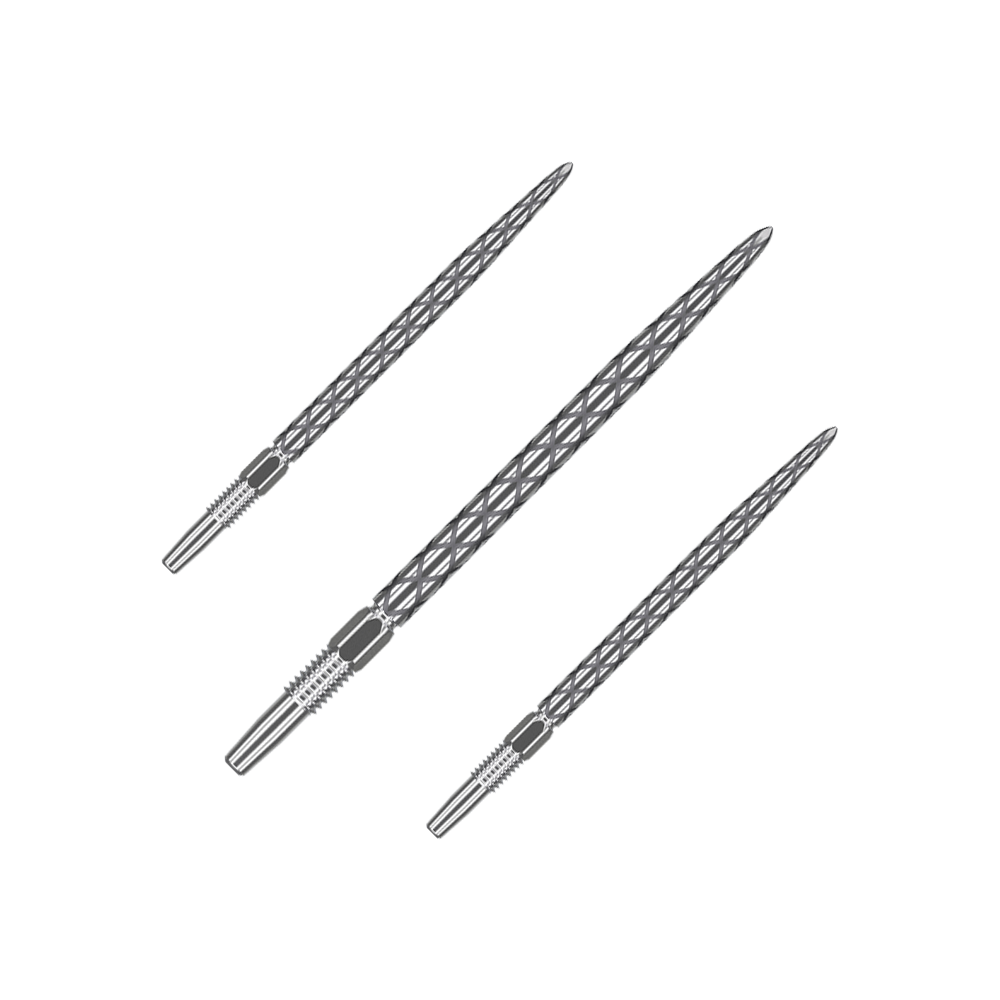 Target Swiss Diamond Pro Silver Points dartpunten Das Bild zeigt drei silberne Dartspitzen mit einem Rautenmuster. Sie sind schmal und haben ein detailliertes, strukturiertes Design.