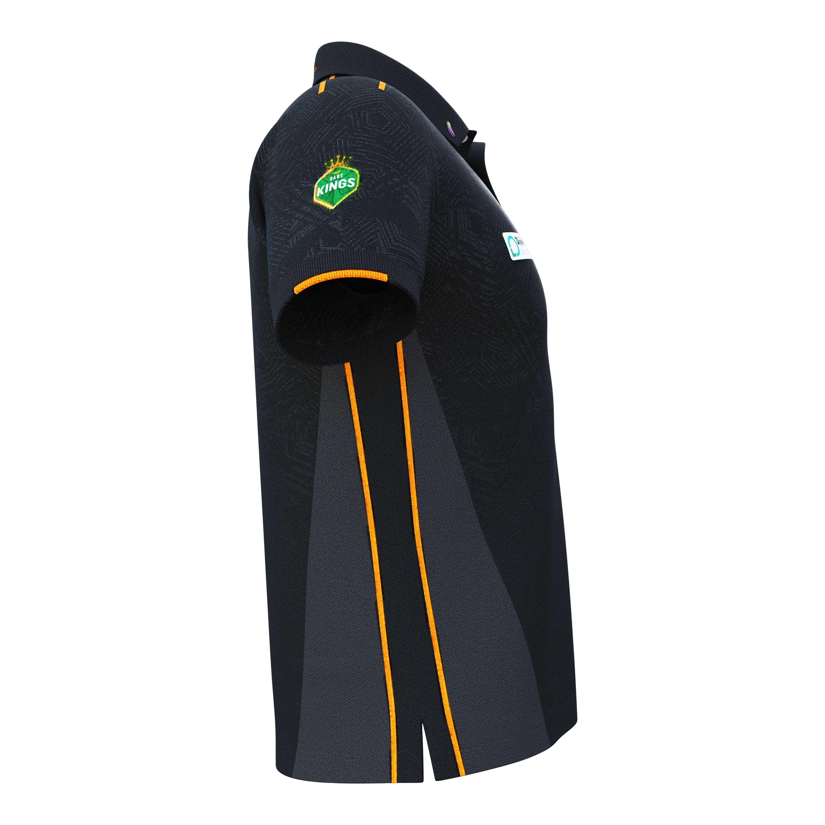 Bulls NL Dirk Van Duijvenbode wedstrijdshirt 2025 Das Bild zeigt das 'Bulls NL Dirk Van Duijvenbode Matchshirt 2025'. Das Shirt ist überwiegend schwarz mit orangefarbenen Streifen und einem Logo auf dem Ärmel.