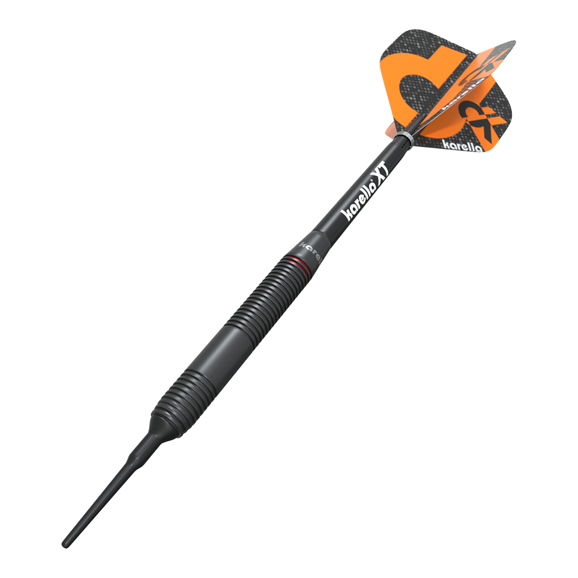 Karella Daniel Klose zachte pijltjes Auf dem Bild ist der Karella Daniel Klose Softdart zu sehen. Der Dartpfeil hat ein schwarzes Gehäuse mit orangenen Flights und dem Karella-Logo.