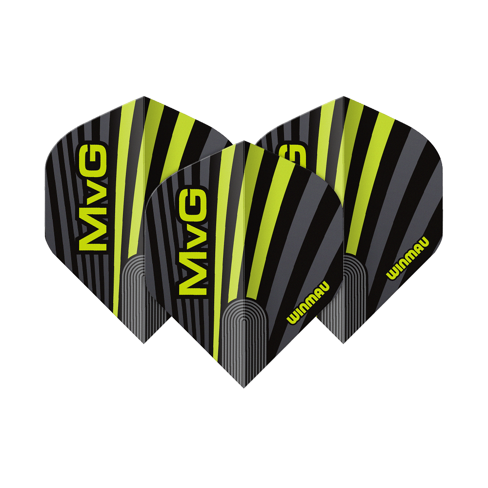 Abgebildet sind die Winmau Prism Delta MvG Grey Green No2 Standard Flights. Diese Dart-Flights haben ein graues und grünes Design.