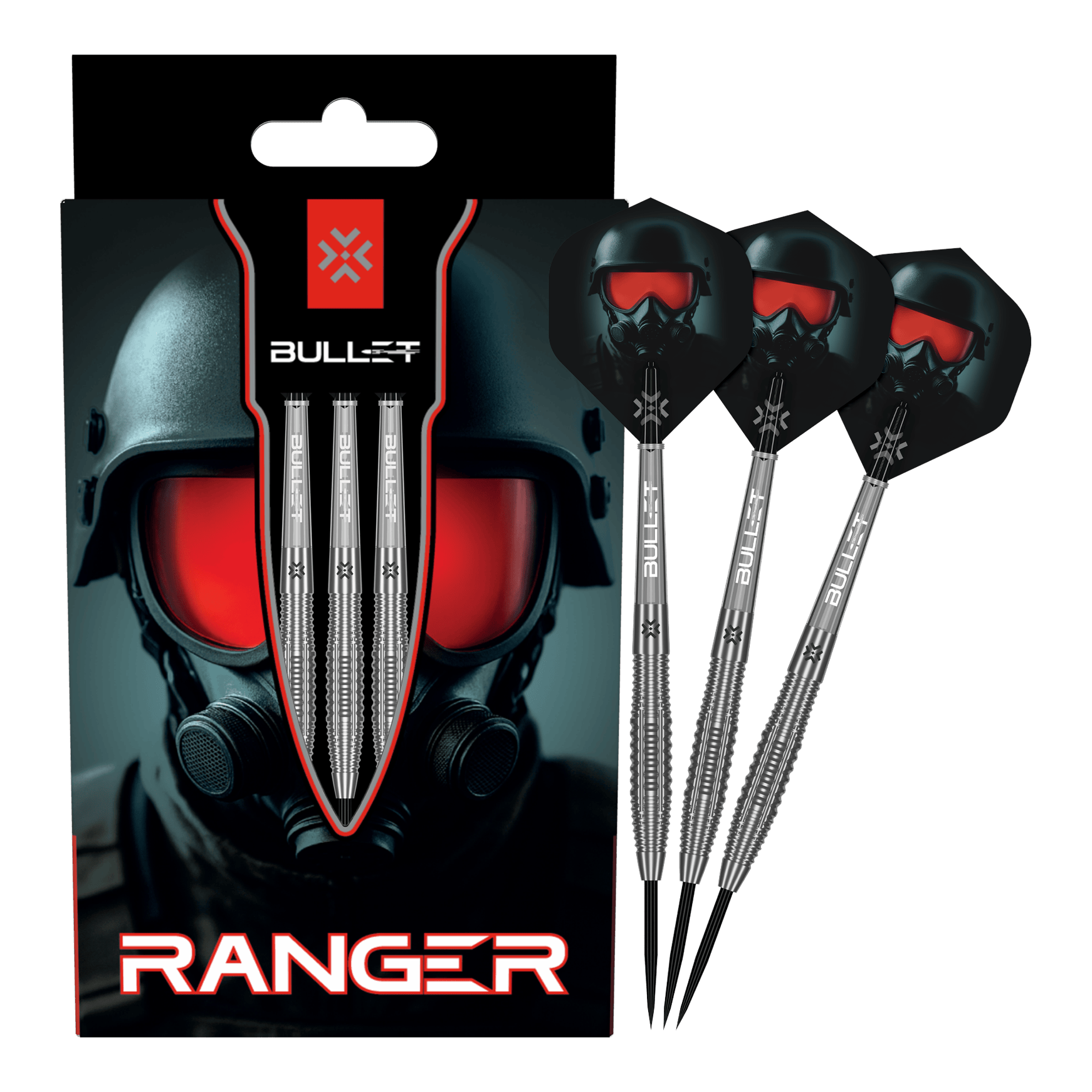 Bullet Ranger stalen darts Auf dem Bild ist das vollständige Set der Bullet Ranger Steeldarts zu sehen. Die Steeldarts werden für Präzisionswürfe verwendet.