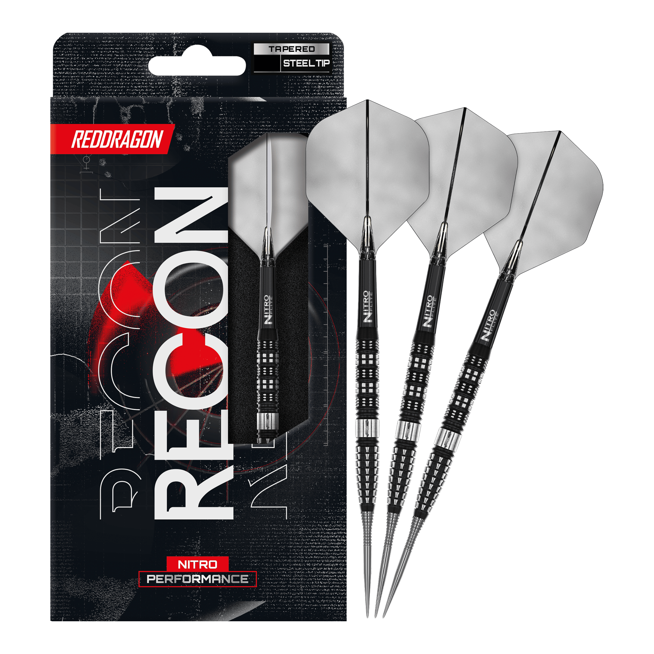 Red Dragon Recon taps toelopende stalen dartpijlen Red Dragon Recon Tapered Steeldarts. Das vollständige Set der Steeldarts wird auf dem Bild präsentiert.