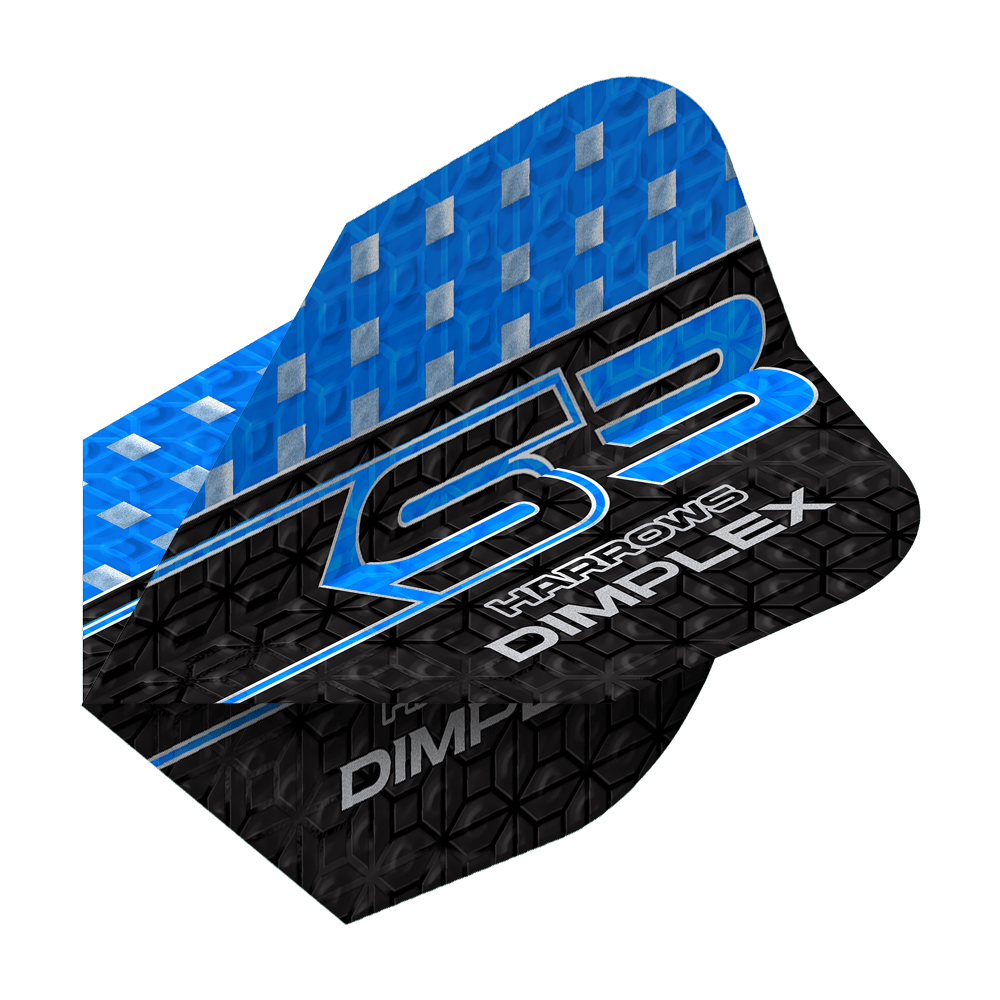 Harrows Dimplex S3 Flights - Blauw Das Bild zeigt ein Harrows Dimplex S3 Flight in Blau. Das Flight hat ein blau-schwarzes Design mit silbernen Akzenten und der Aufschrift "S3 Harrows Dimplex".