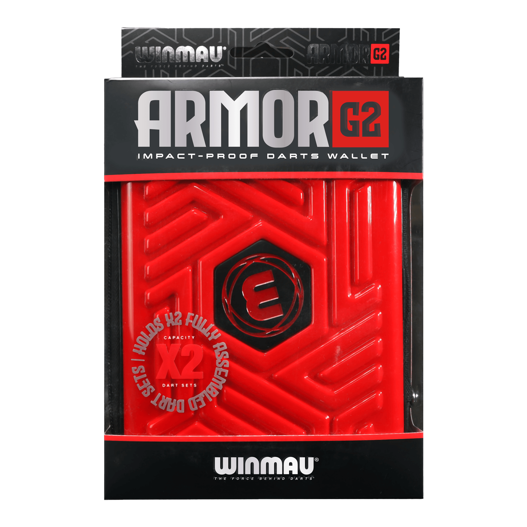 Winmau Armor G2 Dart-portemonnee Das Bild zeigt eine rote, stoßfeste Darttasche der Marke Winmau namens "Armor G2". Die Verpackung informiert, dass sie zwei vollständig montierte Dart-Sets aufnehmen kann.