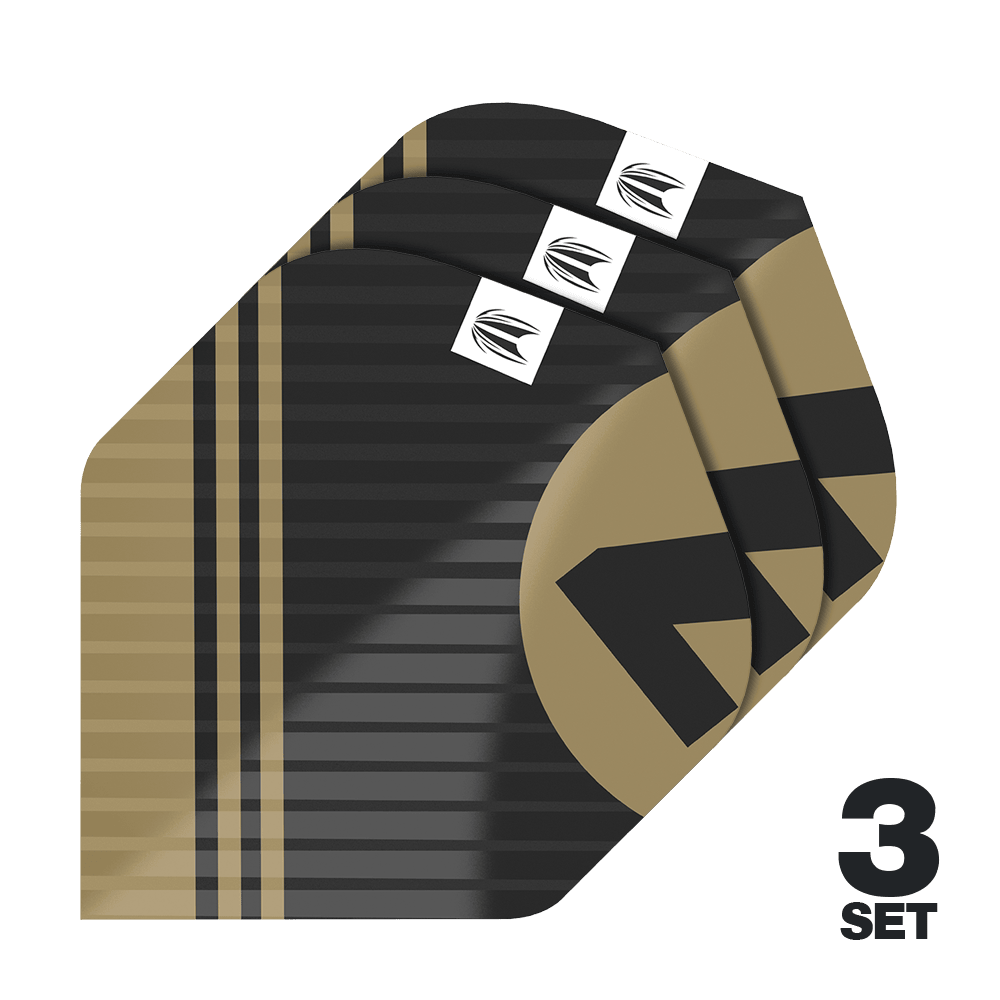 Target Pro Ultra Chicane Zwart No2 Standaard vluchten - 3 sets Das Bild zeigt drei Sätze von Target Pro Ultra Chicane Black No2 Standard Flights. Die Flights sind schwarz-gold gestreift und besitzen ein modernes Design mit einem weißen Logo.