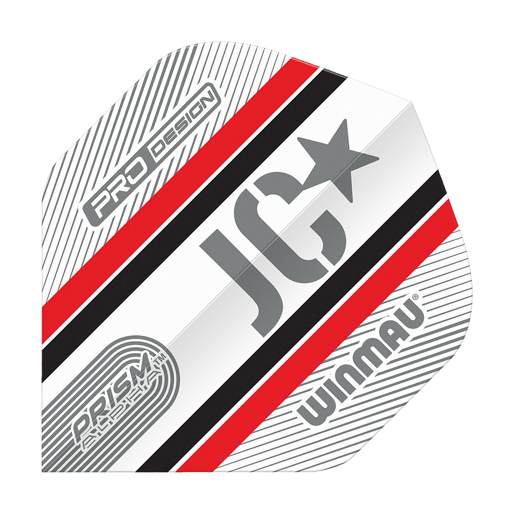 Winmau Alpha Joe Cullen Cullen 85 Standaardvluchten Das Bild zeigt ein Winmau Alpha Joe Cullen 85 Standard Flight für Dartpfeile. Das Flight ist weiß mit roten, schwarzen und grauen Streifen sowie den Aufdrucken "JC", "PRO DESIGN" und "WINMAU".