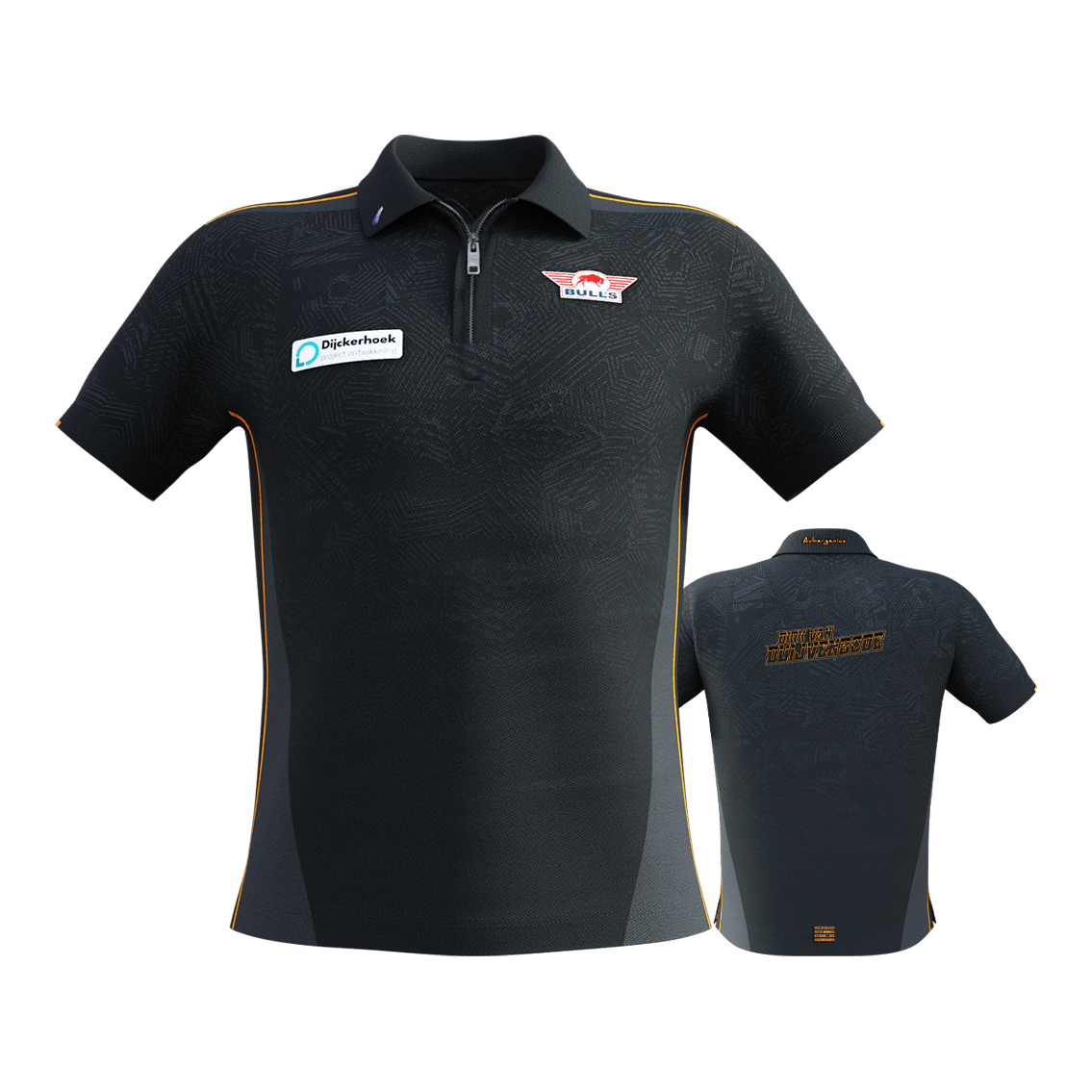 Bulls NL Dirk Van Duijvenbode wedstrijdshirt 2025 Das Bild zeigt das "Bulls NL Dirk Van Duijvenbode Matchshirt 2025" in dunklem Design mit dezenten Mustern und orangenen Akzenten. Auf der Vorderseite sind Logos und Sponsoren zu sehen, während auf der Rückseite der Name "Dirk van Duijvenbode" steht.