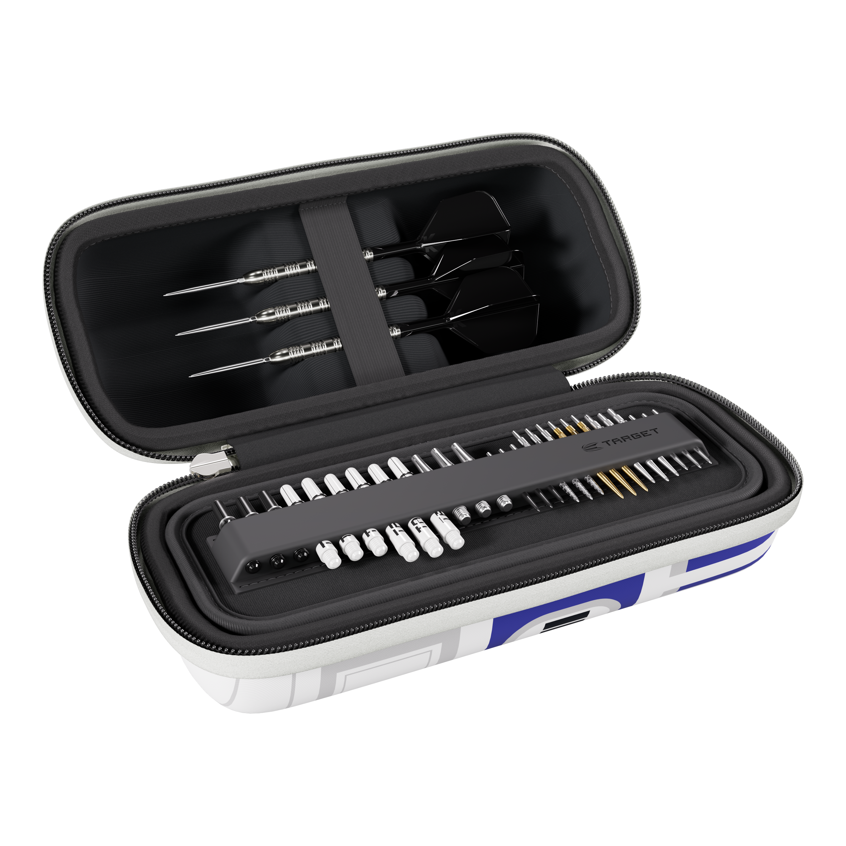 Hier sieht man das Target Star Wars Boa Dartcase - R2D2. Die Aufbewahrungstasche ist im Stil von R2D2 gestaltet.