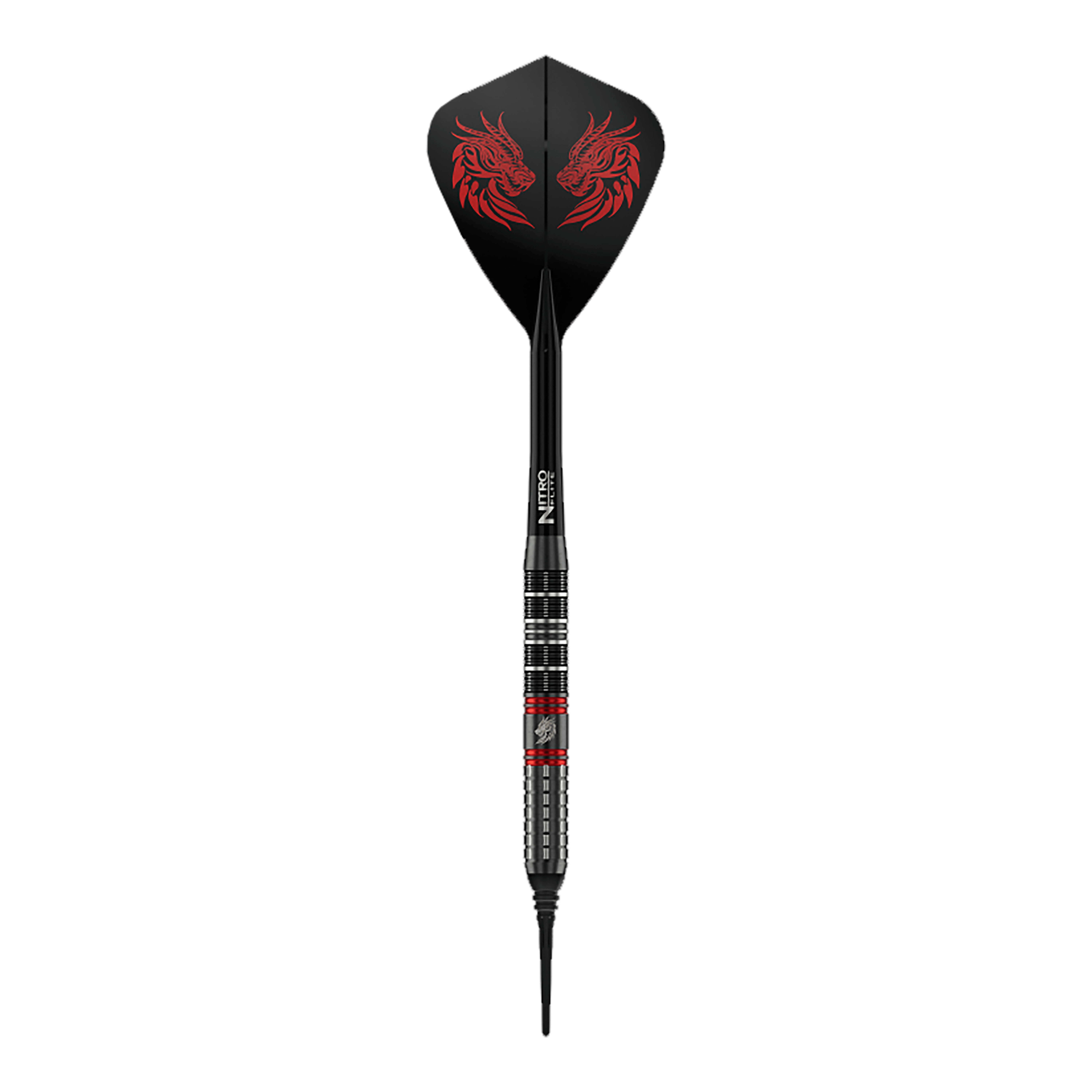 Red Dragon Jonny Clayton RD-ULTRA softdarts - 18 g Dieses Bild zeigt einen einzelnen Red Dragon Jonny Clayton RD-ULTRA Softdart mit 18g. Zu sehen sind silberne, schwarze und rote Elemente sowie ein auffälliger Flight.