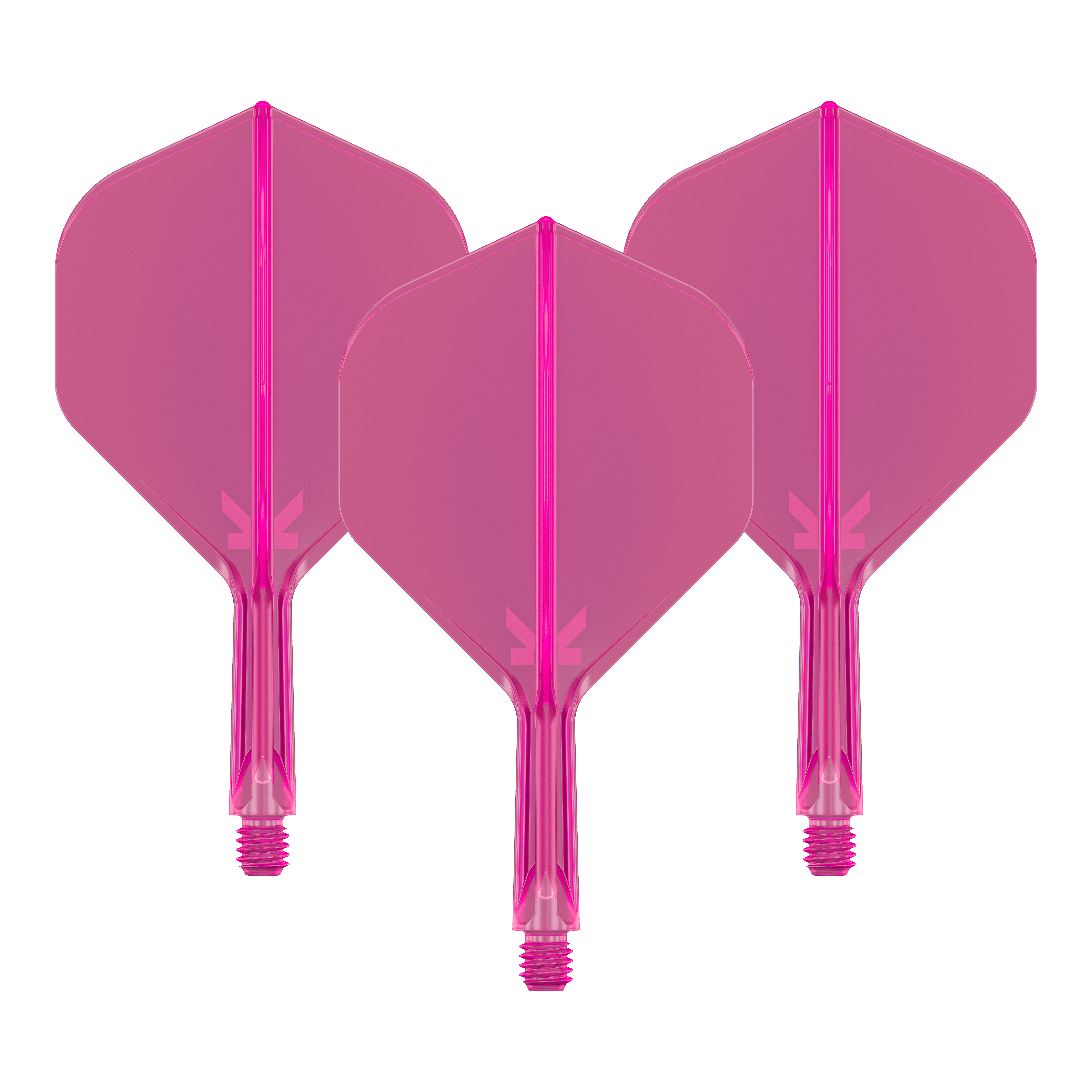 Target K-Flex No2 Standaard Vluchtsysteem - Neon Roze Das Bild zeigt drei pinkfarbene Dart-Flights mit Schäften. Sie sind nebeneinander angeordnet und haben eine neonpinke Farbe.