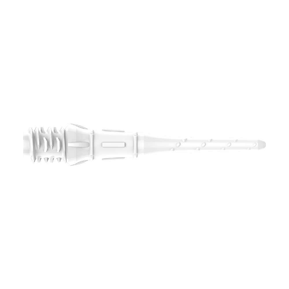 Premium Lippoints (30er Pack) - Spitzen Das Bild zeigt eine weiße Dartspitze mit feinen Rillen und Details. Sie ist lang und besteht aus Kunststoff.