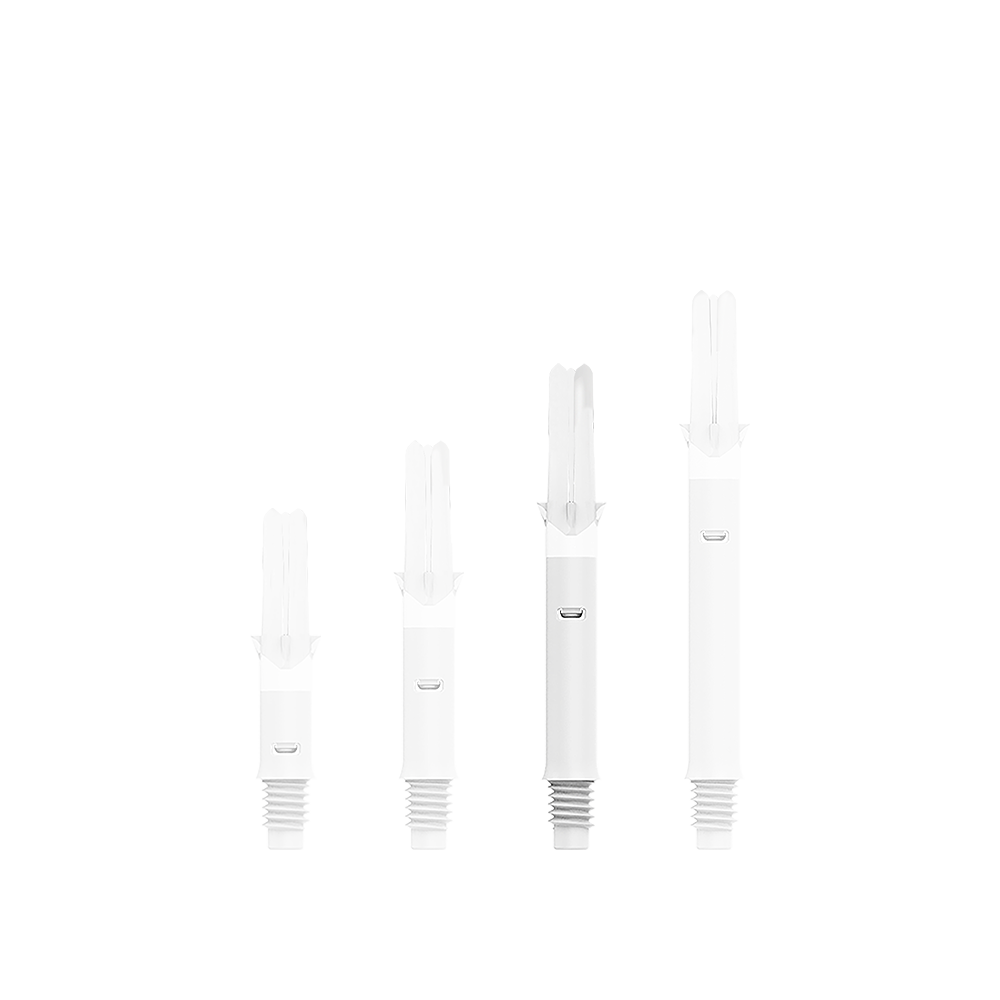 L-L-Style-Shafts Silent Straight - Wit Auf dem Bild sind vier weiße Dartschäfte in unterschiedlicher Länge zu sehen. Sie sind nebeneinander in einer Reihe angeordnet und besitzen ein Gewinde am unteren Ende.