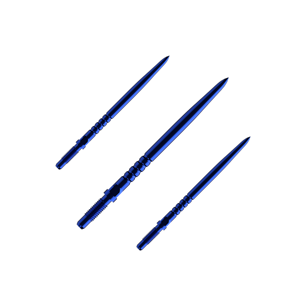 Bulls NL Convertible Point Dart Tips - Ringvormige Grip - Blauw Hier sieht man ein Set aus mehreren RingedGrip Convertible Points in Blau, 32mm lang. Es sind Ersatzspitzen für Dartpfeile.