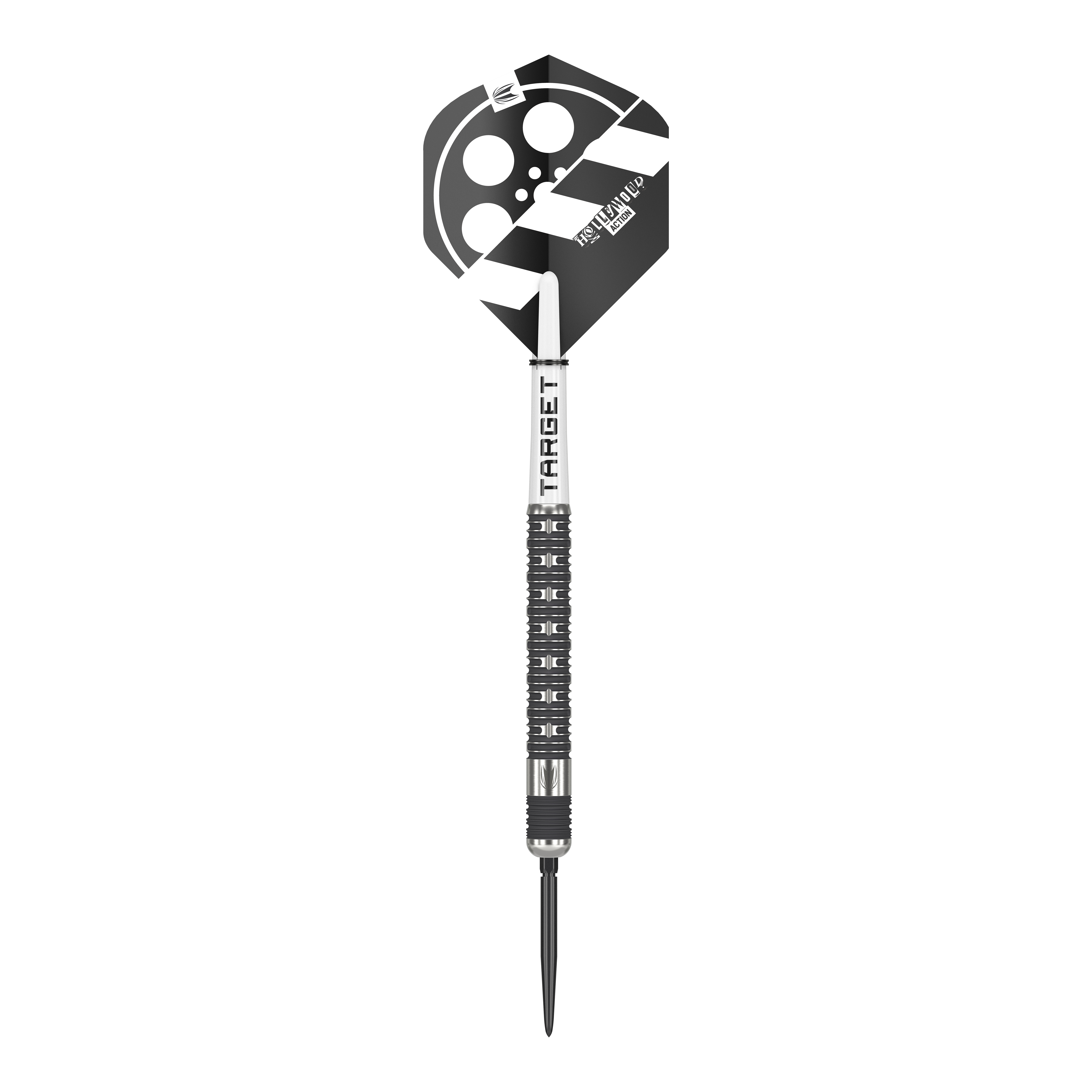 Targetwit Chris Dobey Hollywood Action Swiss Point Steeldarts Das Bild zeigt einen Steeldartpfeil mit dem Namen "Target Chris Dobey Hollywood Action Swiss Point". Der Dart hat ein schwarz-weißes Design mit einem Filmklappen-Motiv auf dem Flight.