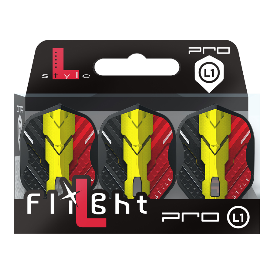 L-Style V-Serie V1 Type C België Zwart L1PRO Vluchten Das Bild zeigt eine Packung mit drei Dart-Flights der Marke L-Style, Modell V-Series V1 Type C Belgium Black L1PRO. Die Flights haben ein Design in den Farben Schwarz, Rot und Gelb, inspiriert von der belgischen Flagge.