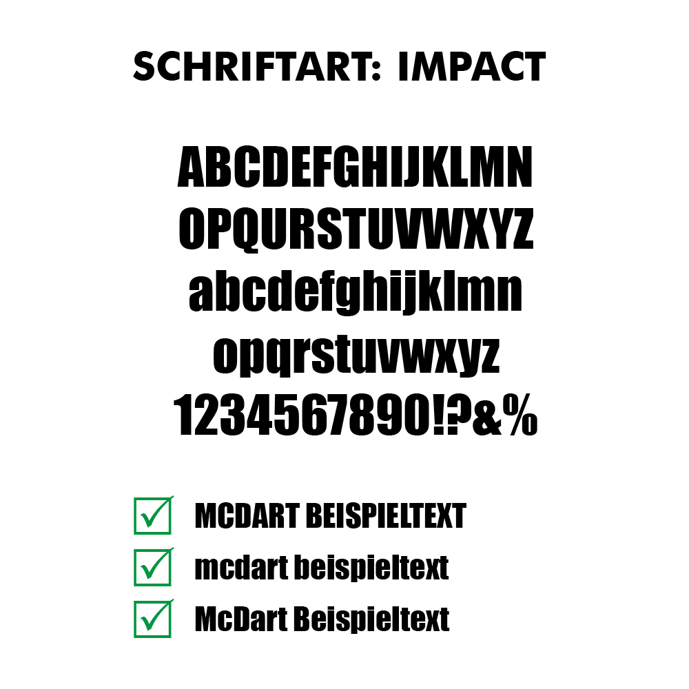 Flightdruck-Schriftart-Impactyns1iNZM6uNkY Dart-Flight mit Impact-Schrift als Beispielgrafik. Die Linien der Schrift sind kräftig und klar.