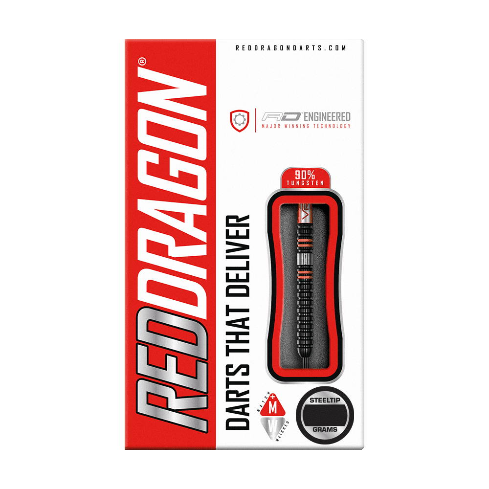 RD2527_Red_Dragon_Amberjack_Pro_1_Steeldarts_3 Die Abbildung zeigt die Verpackung der "Red Dragon Amberjack Pro 1 Steeldarts". Die Box ist rot-weiß gestaltet und hebt die 90% Tungsten-Steel-Darts hervor.