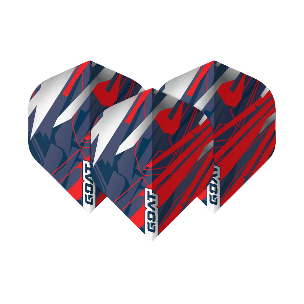 GOAT Homerun No2 Standaardvluchten Das Bild zeigt drei Dart-Flights des Produkts "GOAT Homerun No2 Standard Flights". Die Flights sind in den Farben Rot, Blau und Weiß gestaltet und mit dem Schriftzug "GOAT" versehen.