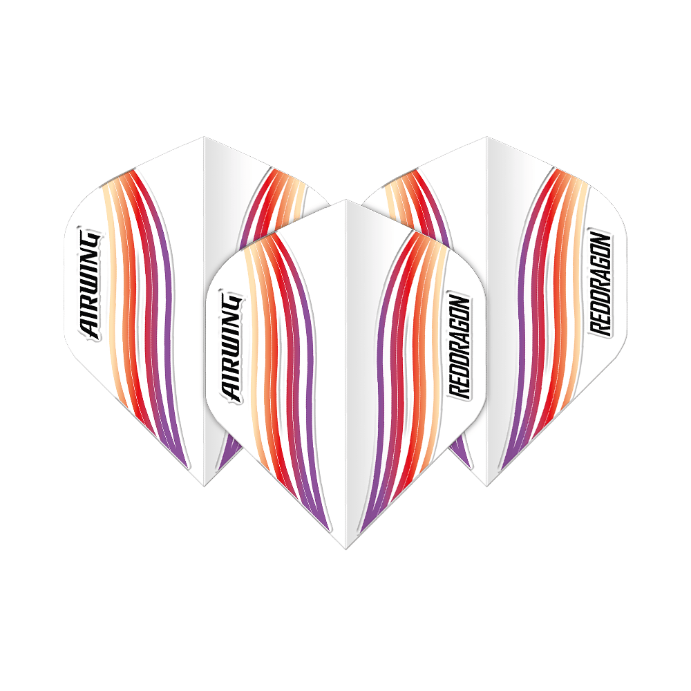 Red Dragon Airwing Red Wave Standaardvluchten Das Bild zeigt drei Dart-Flights mit dem Namen "Red Dragon Airwing Red Wave Standard Flights". Sie sind weiß mit roten, orangen und violetten Wellenlinien und der Aufschrift "AIRWING" und "REDDRAGON".