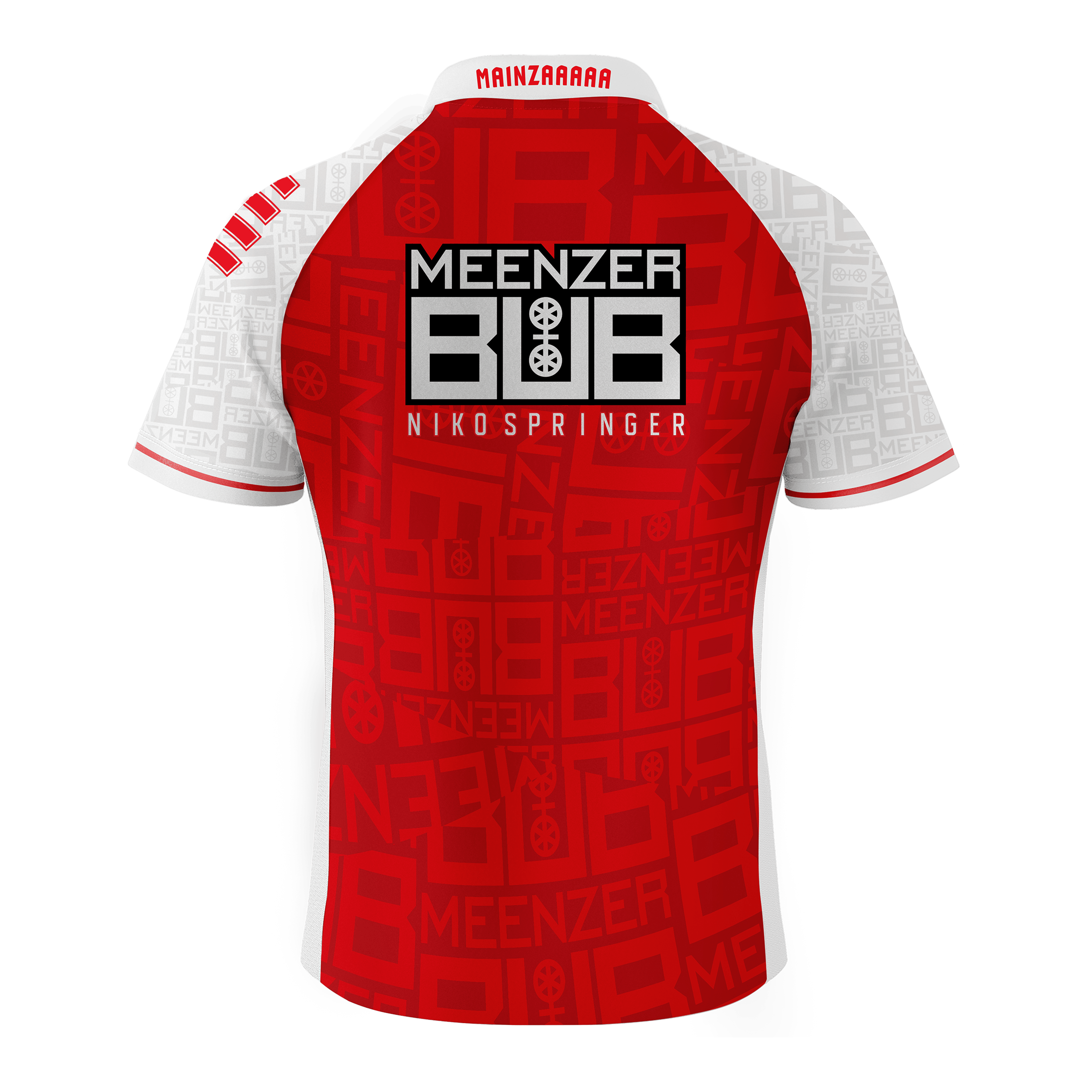 Bulls Niko Springer Meenzer Bub dartshirt Das Bild zeigt ein Dartshirt mit der Aufschrift "Meenzer Bub Nikospringer" auf dem Rücken. Das Shirt ist überwiegend rot mit weißen Ärmeln und auffälligen Mustern.