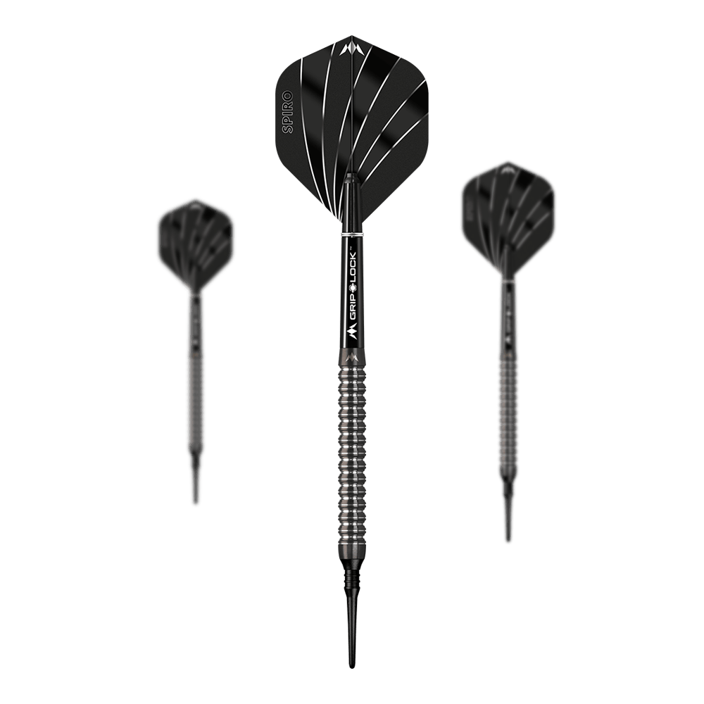 Mission Spiro Model 1 Zachte Darts - 20g Auf dem Bild sind drei Softdarts des Modells "Mission Spiro Model 1" mit einem Gewicht von 20g zu sehen. Die Darts sind schwarz und silbern mit modernen, gerillten Griffen und schwarzen Flights.
