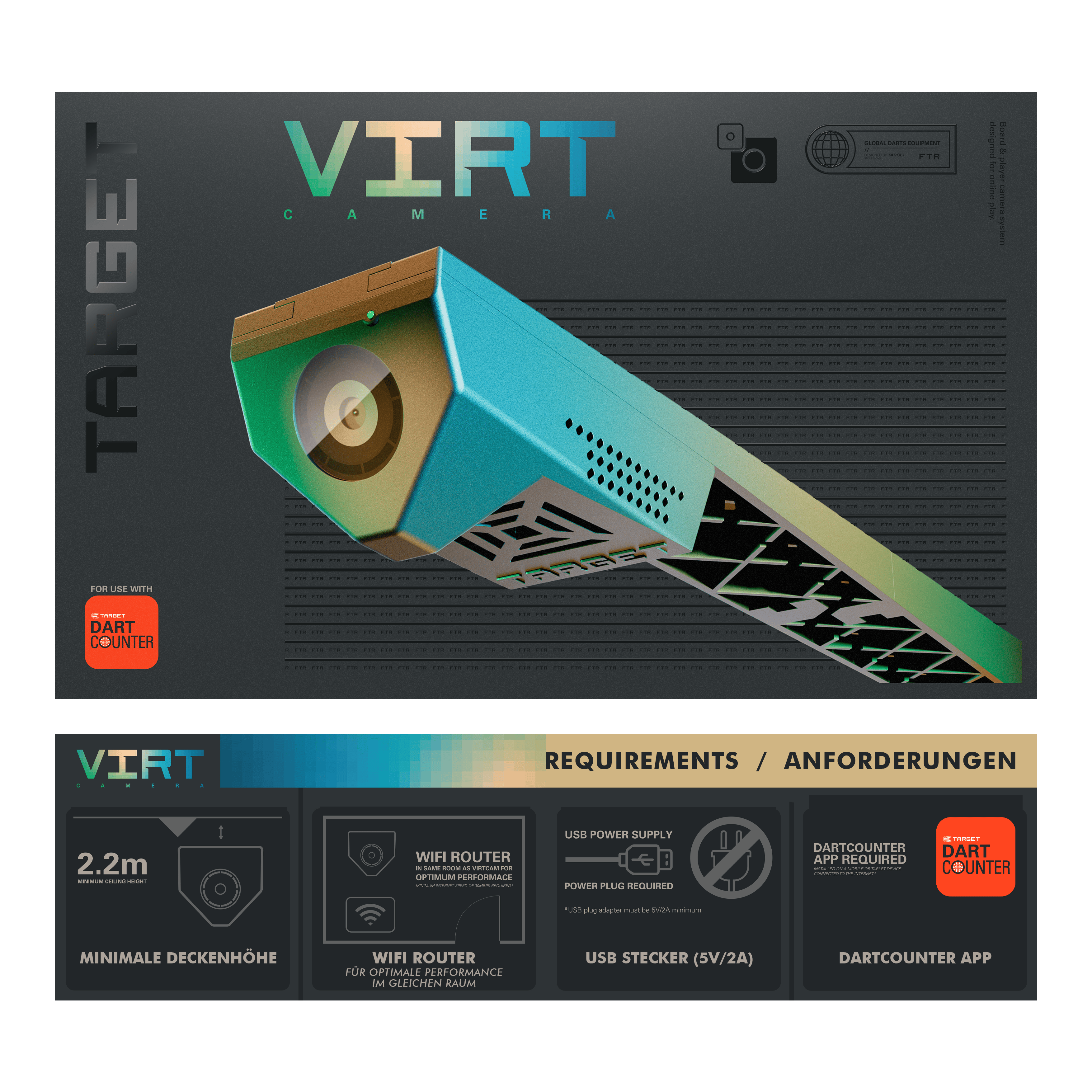 Target VIRT-camera Das Bild zeigt die Produktverpackung der "Target VIRT Kamera", die in einer modernen, grafischen Gestaltung präsentiert wird. Unten sind die Anforderungen aufgeführt, wie eine Mindestdeckenhöhe von 2,2 m, WLAN-Router, USB-Stecker und die DartCounter App.