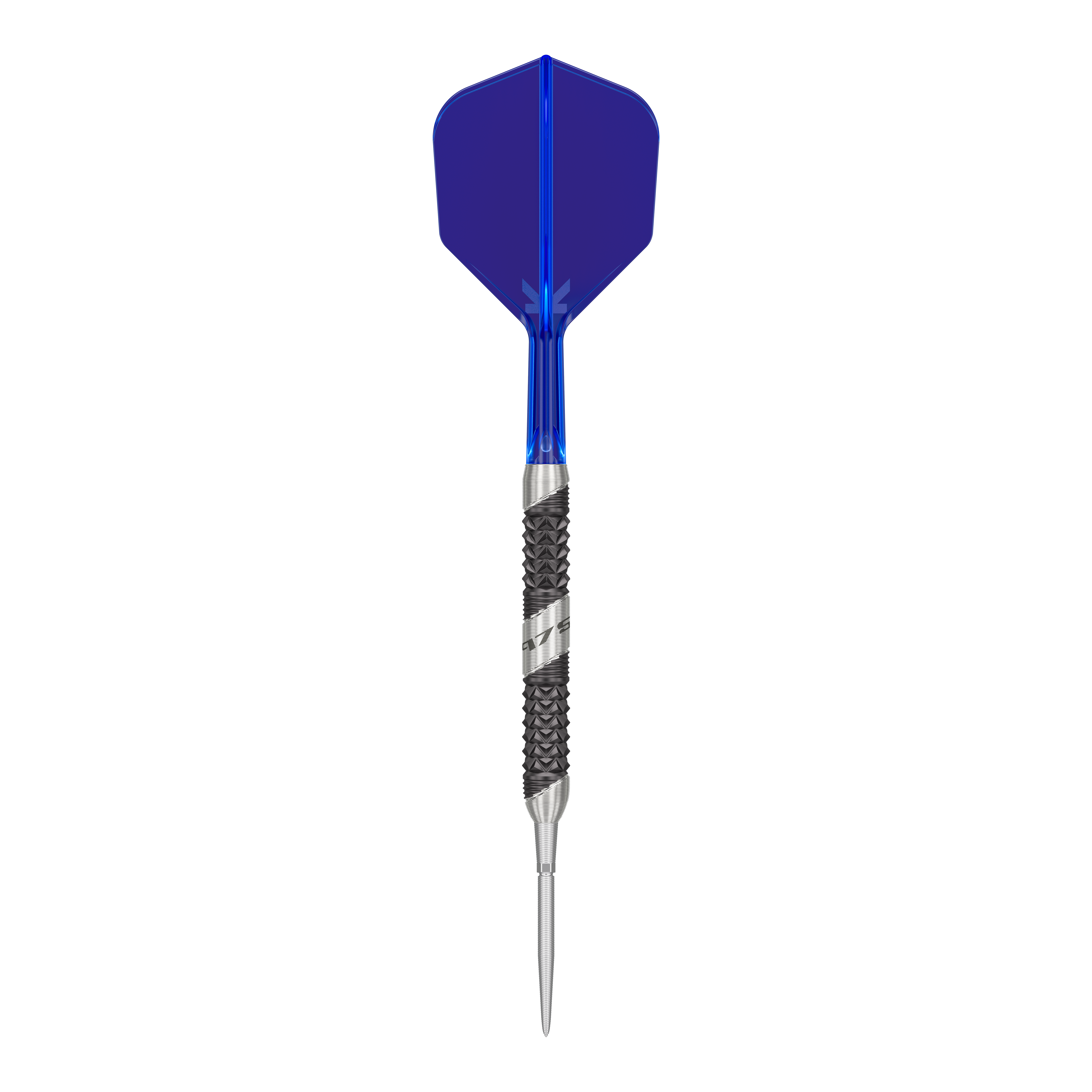 Target 975 Ultra Marine 01 Swiss Point stalen darts Dies ist ein Steeldartpfeil mit einer blauen Flights. Der Schaft und die Spitze sind silbern und haben eine strukturierte Oberfläche.