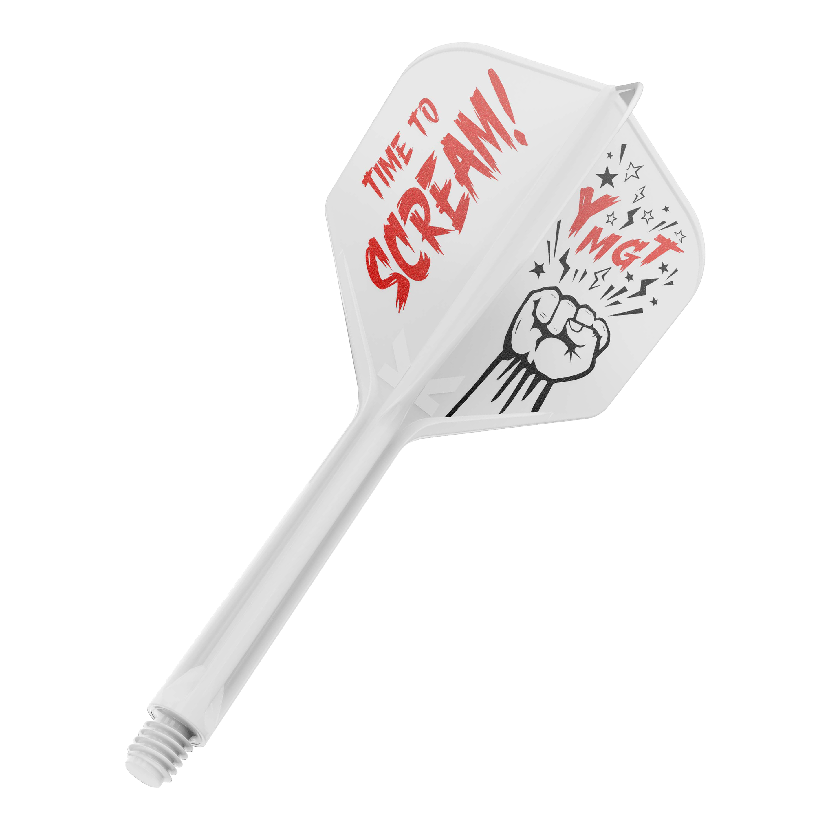 Target Japan K-Flex Scream No6 Flight Shaft-systeem Auf dem Bild ist ein weißes Dartflight mit einem dazugehörigen Schaft zu sehen. Auf dem Flight steht in roten Buchstaben "TIME TO SCREAM!" und daneben ist eine Faust mit Sternen abgebildet.