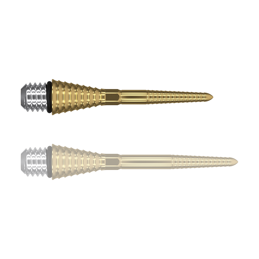 380178_Target_Titanium_Swiss_Point_Grooved_Conversion_Points_Gold_26mm_169Gb6ns7keD3m Das Bild zeigt zwei goldfarbene, gerillte Spitzen mit silbernem Schraubkopf. Sie sind vermutlich Ersatz- oder Konversionsspitzen für Darts.
