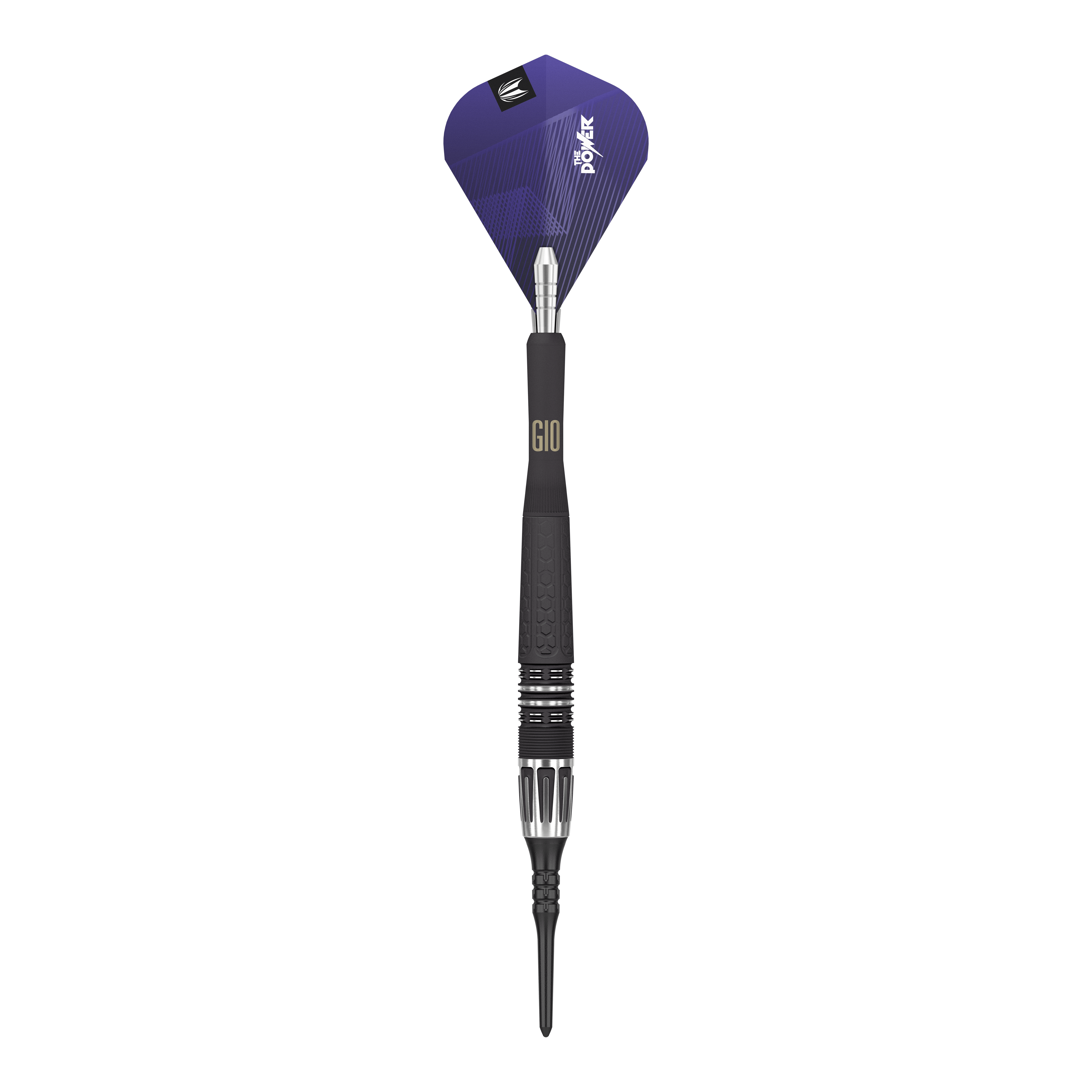 Target Phil Taylor Power 9Five GEN10 zachte darts Das Bild zeigt einen modernen Softdartpfeil mit einem schwarzen und silbernen Schaft. Die Dartflügel sind lila und tragen die Aufschrift "Power".