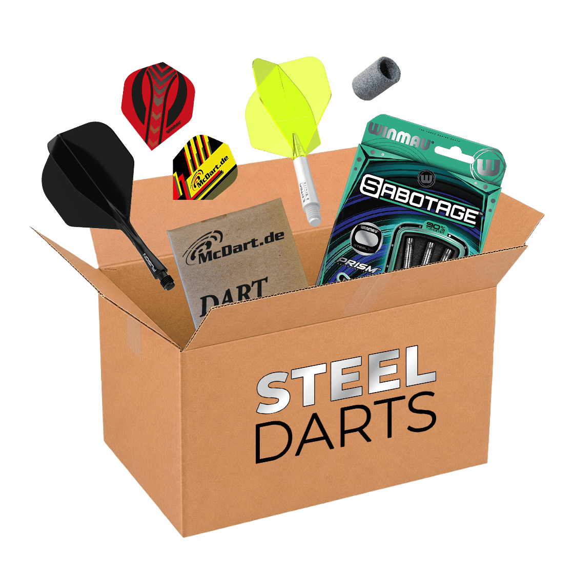 McDart Mystery Box - Steeldarts Auf dem Bild befindet sich die McDart Mystery-Box - Steeldarts. Die Box beinhaltet verschiedene Steeldarts und Zubehör.