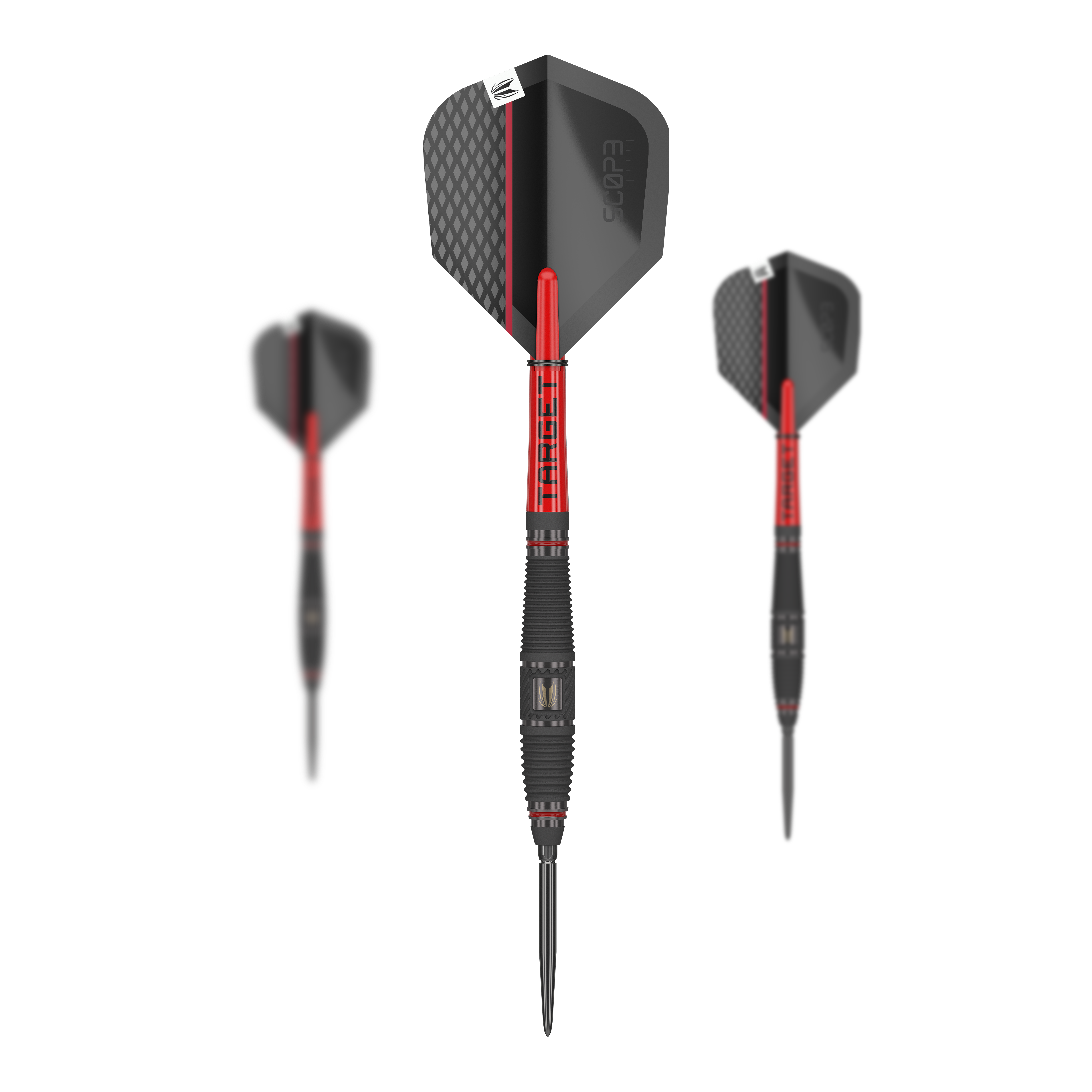 Target Scope 03 Swiss Point stalen darts Das Bild zeigt drei Steeldarts des Produkts "Target Scope 03 Swiss Point". Die Darts sind schwarz und rot gestaltet und haben ein modernes, sportliches Design.