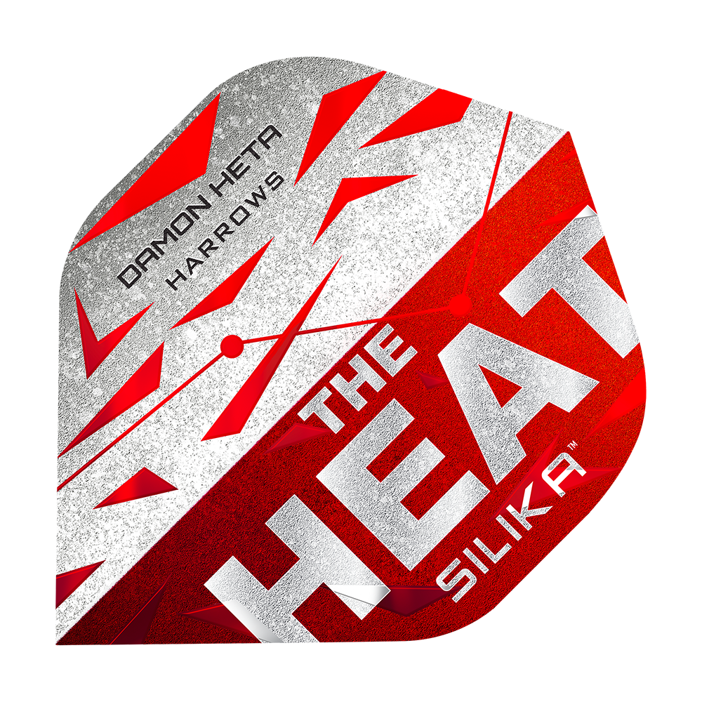 Harrow's Silika Damon Heta Series 3 vluchten Das Bild zeigt ein Dart-Flugblatt mit dem Namen "Harrows Silika Damon Heta Series 3 Flights". Es ist in den Farben Rot, Weiß und Silber gestaltet und trägt die Aufschrift "THE HEAT SILIKA" sowie "DAMON HETA HARROWS".