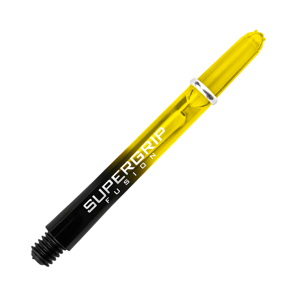 HR350_Harrows_Supergrip_Fusion_Shafts_Gelb_47mm_26mUPM8R3xZCk2 Das Bild zeigt einen Harrows Supergrip Fusion Shafts in Gelb. Der Schaft hat einen schwarzen und gelben Farbverlauf mit weißer Aufschrift.