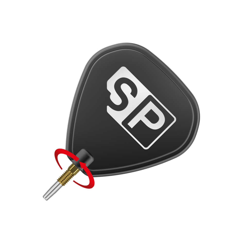 Target Swiss Point Nano Dartpunten - Goud Das Bild zeigt eine schwarze Dart-Flight mit der weißen Aufschrift "SP". Unten ist eine goldfarbene Dartspitze mit silberner Spitze zu sehen.