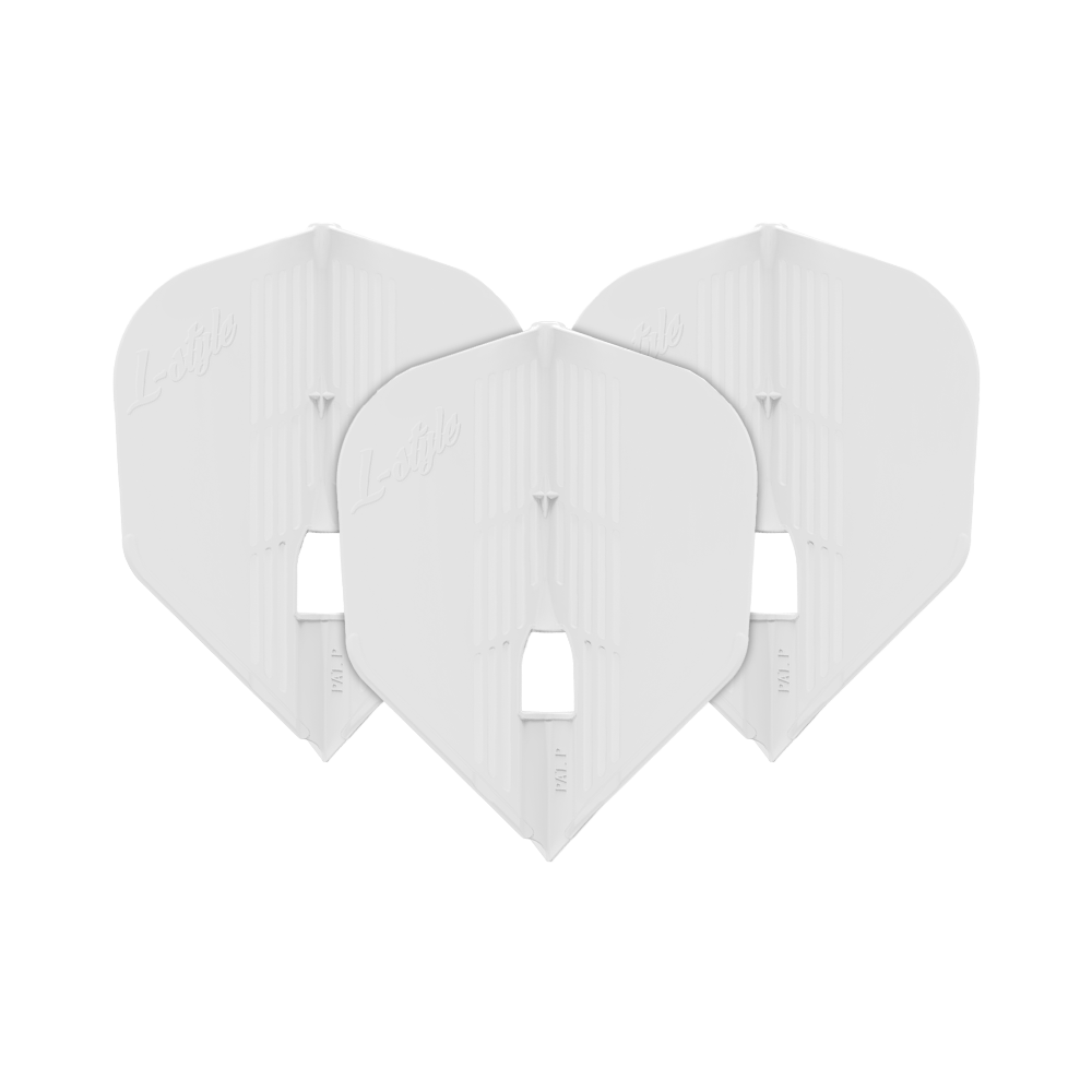 L-Style KAMI L3PRO-vluchten Auf dem Bild sind drei weiße Dartflights der Marke L-Style zu sehen. Sie sind nebeneinander angeordnet und haben eine standardisierte Form.