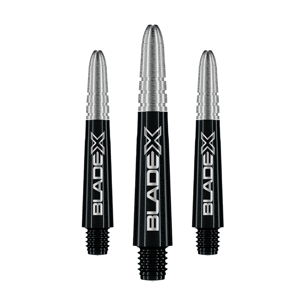 Gezeigt wird ein Set schwarzer Dartshafts mit der Bezeichnung Winmau Vecta Blade X, 34 mm. Das Set ist für Dartspieler geeignet.