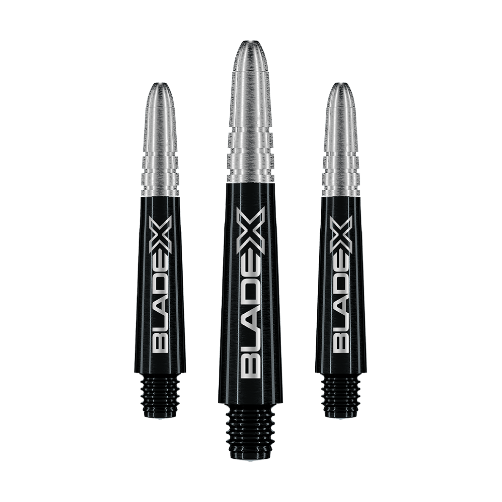 Winmau Vecta Blade X shafts - Zwart Gezeigt wird ein Set schwarzer Dartshafts mit der Bezeichnung Winmau Vecta Blade X, 34 mm. Das Set ist für Dartspieler geeignet.