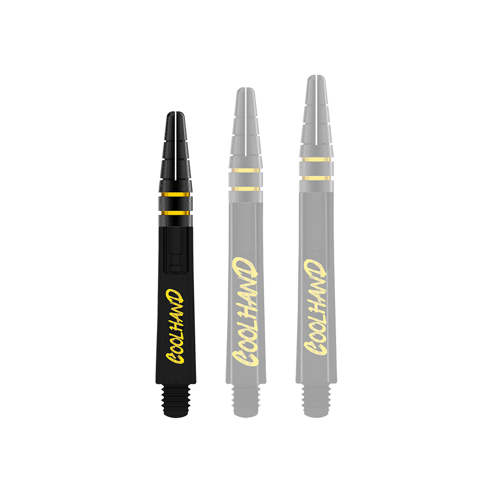 Red Dragon Nitrotech Luke Humphries Coolhand Shafts - Zwart Das Bild zeigt drei schwarze Dartschäfte mit gelber Schrift, auf denen "COOLHAND" steht. Die Schäfte haben gelbe Ringe und sind 36 mm lang.
