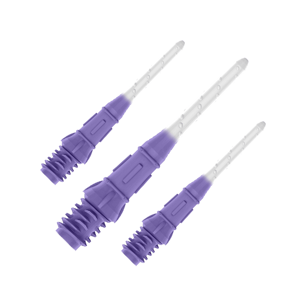 L-Style Premium Two Tone Lippoints (verpakking van 30) Das Bild zeigt drei lilafarbene Dartspitzen, die nebeneinander angeordnet sind. Die Spitzen haben einen Farbverlauf von Lila zu Weiß.