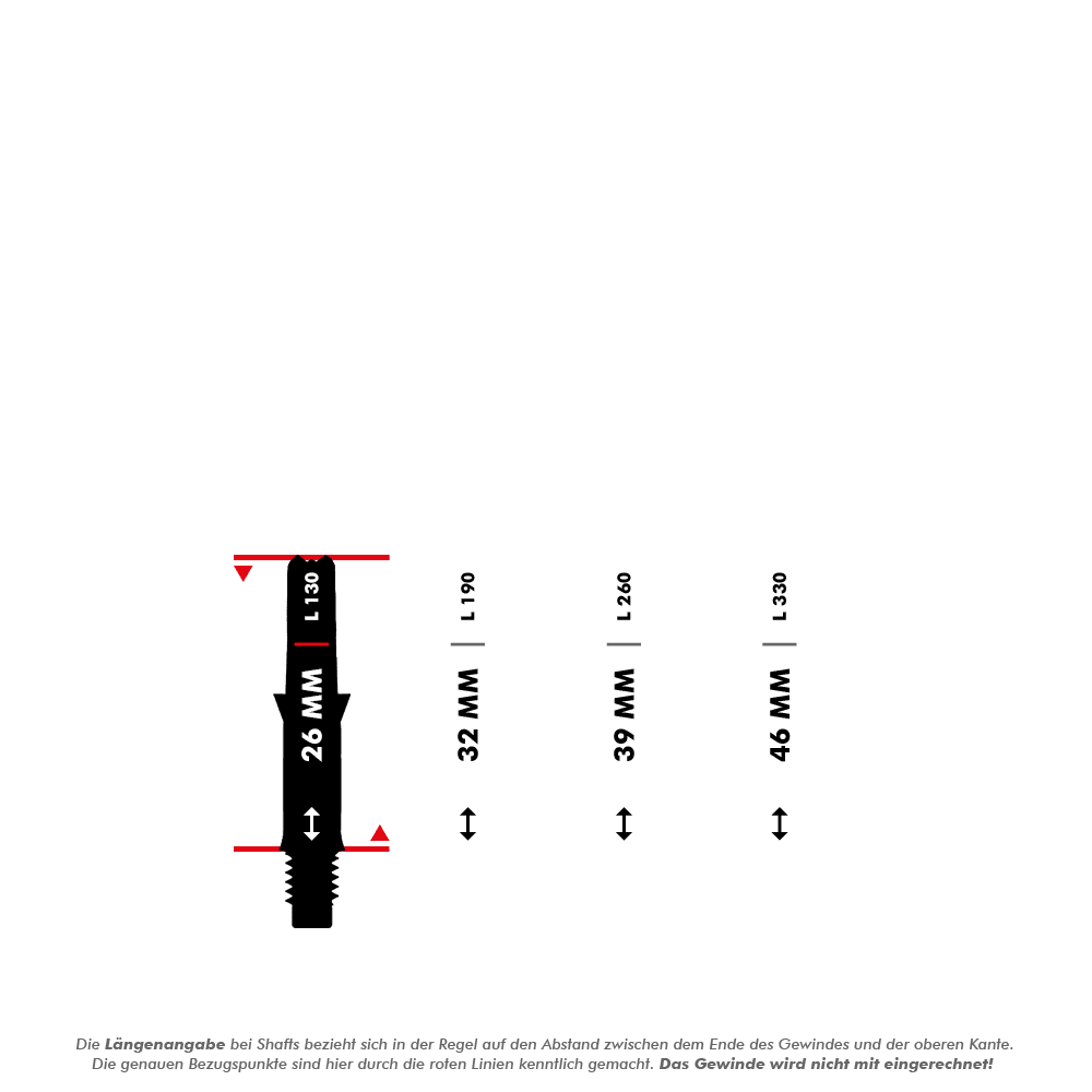 L-L-Style-Shafts Silent Straight - Zwart Das Bild zeigt verschiedene Längen von L-Style L-Shafts ohne Kappen, beginnend bei 26 mm. Die Längenangaben beziehen sich auf den Abstand zwischen dem Gewindeende und der oberen Kante, das Gewinde selbst wird nicht mitgerechnet.