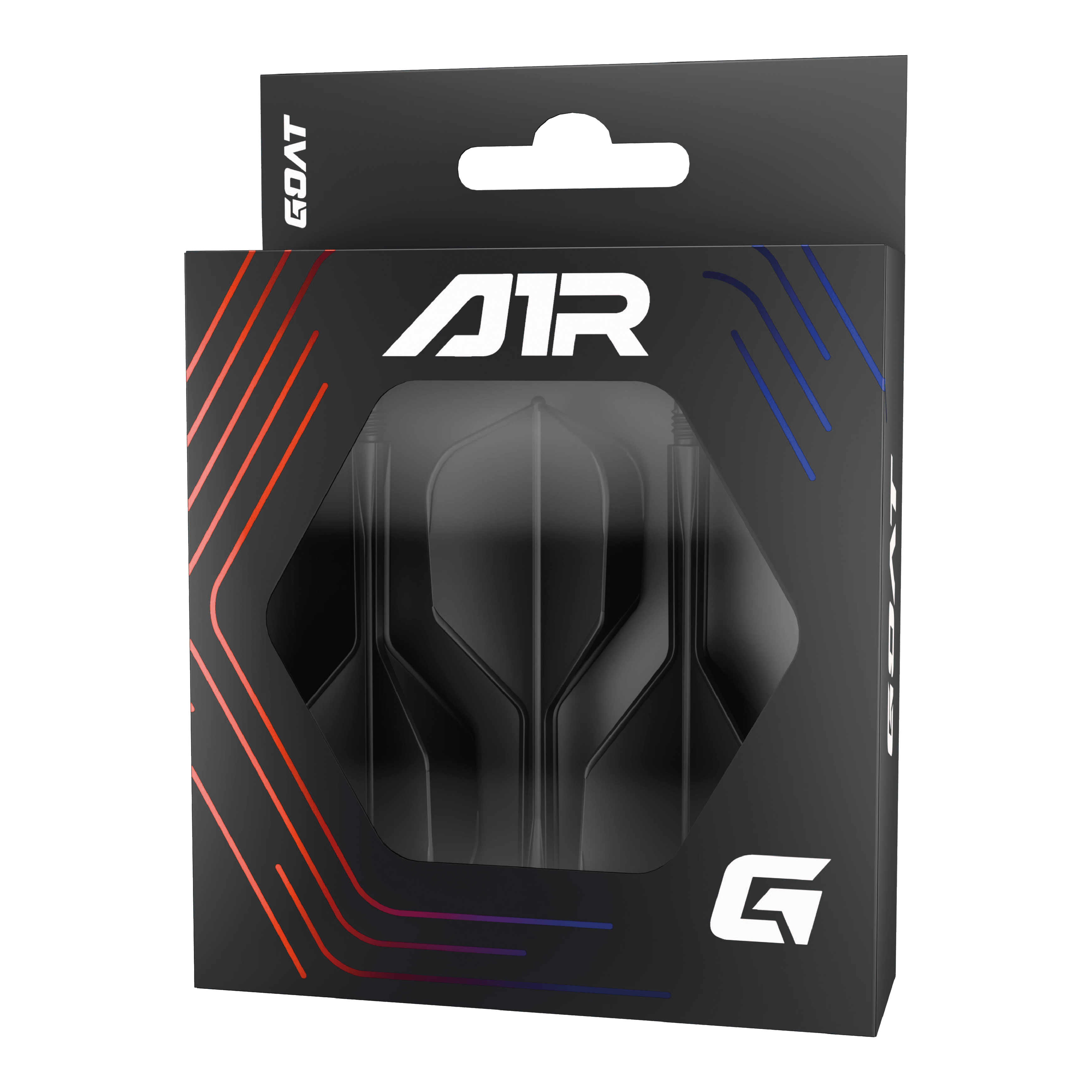 GOAT A1R No6 Flight Shaft-systeem - Zwart Die Abbildung zeigt die Verpackung des Produkts „GOAT A1R No6 Flight-Shaft-System - Schwarz“. In der schwarzen Schachtel sind Flights und Shafts für Dartpfeile sichtbar.